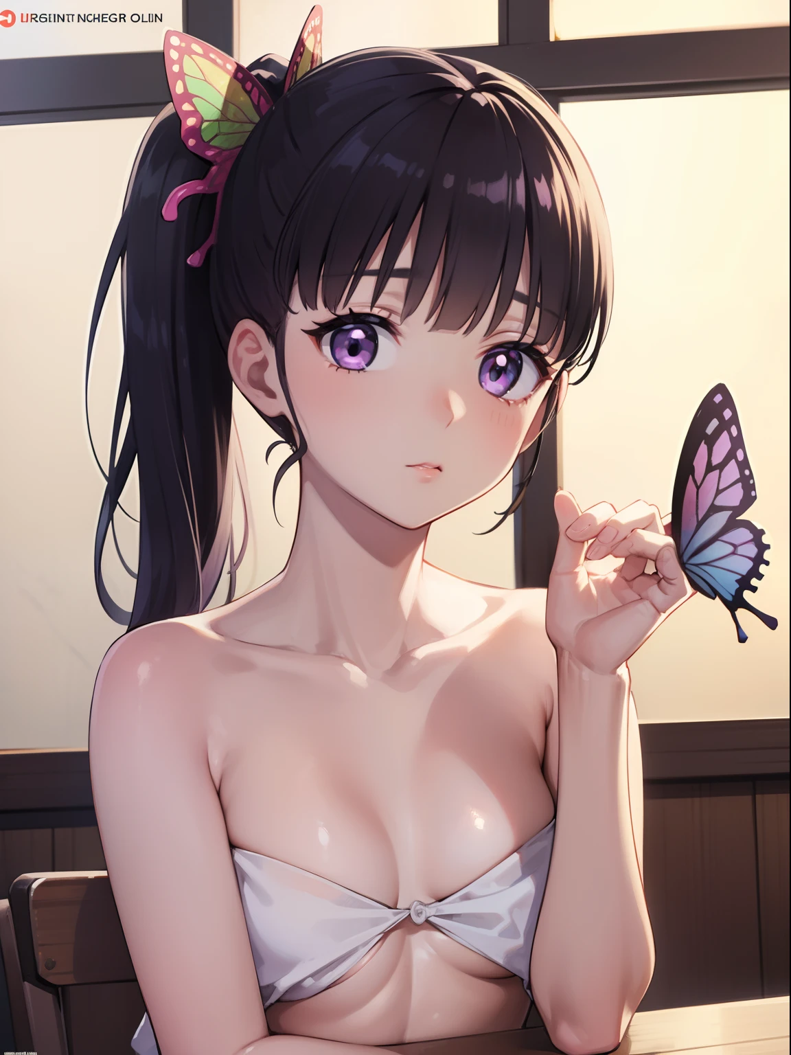 kanaotsuyuri, kanao tsuyuri, black hair, butterfly, butterfly hair ornament, (purple eyes:1.1), side ponytail, ponytail, 
shirtless, topless, bare chest,, 
BREAK looking at viewer,
BREAK indoors, classroom,
BREAK (masterpiece:1.2), best quality, high resolution, unity 8k wallpaper, (illustration:0.8), (beautiful detailed eyes:1.6), extremely detailed face, perfect lighting, extremely detailed CG, (perfect hands, perfect anatomy),