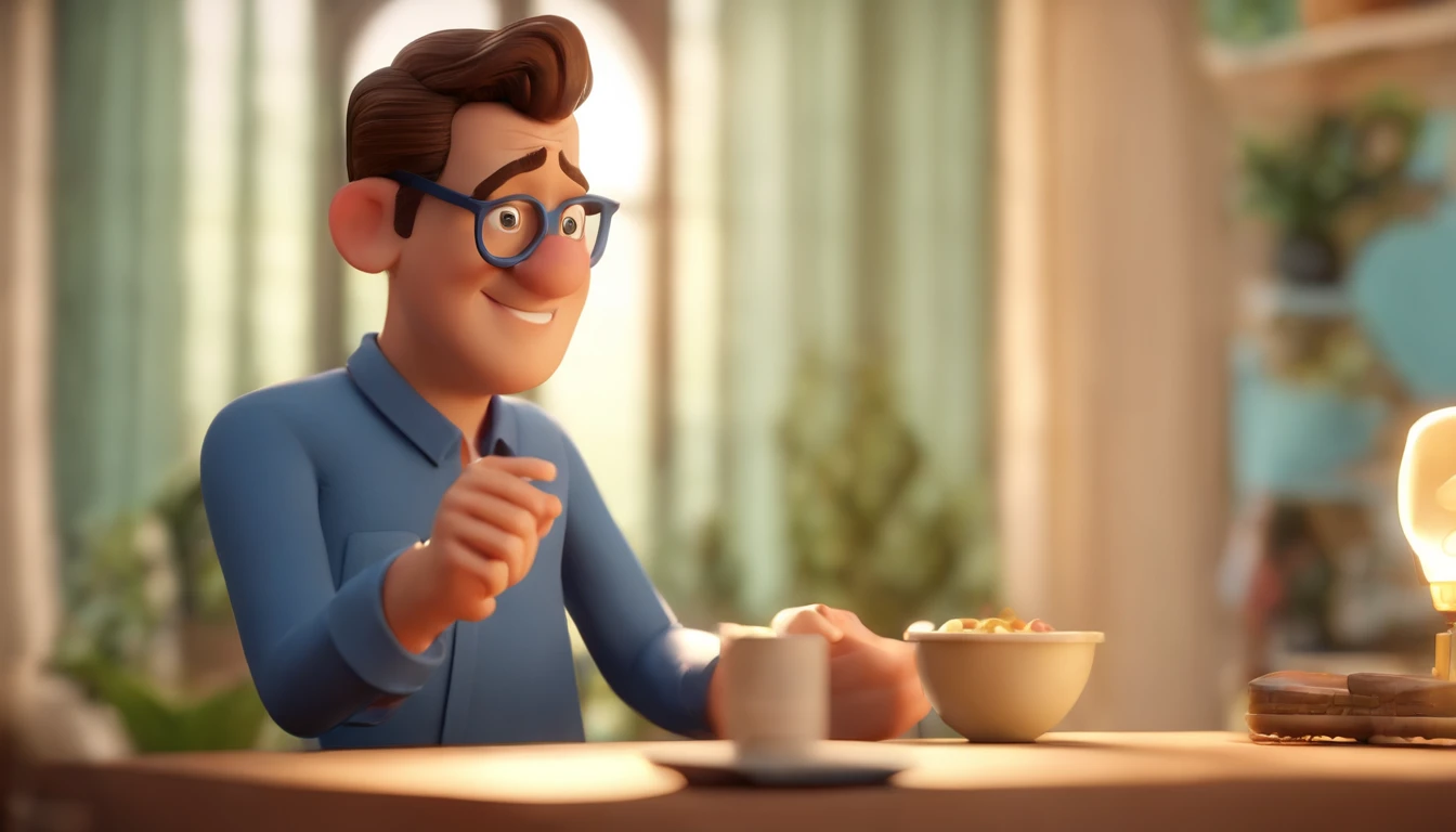 Cartoon character of a man wearing black glasses and a blue shirt, um personagem animado, Caractere estilizado, animation style rendering, 3D estilizado, Arnold Maya render, 3 d render stylized, toon render keyshot, Personagem 3D, Personagem 3D, 3d rendering stylized, 3 d character render, personagem de desenho animado, Personagem de close up, Pose de personagem, (Estilo Pixar) (master part:1.2) (Bokeh) (best quality) (pele detalhada) (textura detalhada) (8k) (argila) (Cinematic lighting) (foco nítido,Senta e vaza a parte superior do corpo