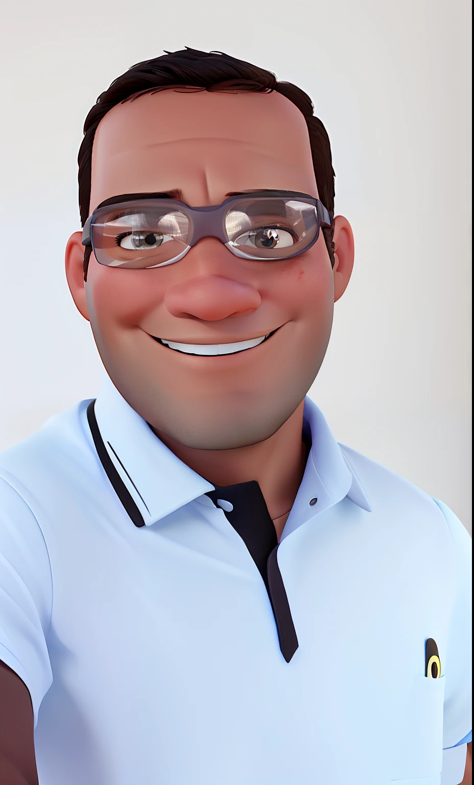 Poster no estilo Disney pixar, alta qualidade, melhor qualidade, homem moreno, wearing goggles, 32 anos, cabelo preto curto, sorridente, blusa golo apolo branca.