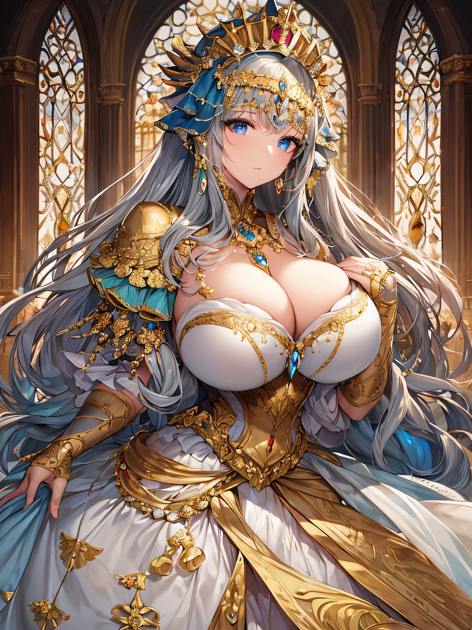 best quality, masterpiece, best definition, artwork, super detailed, many details, details, detailed,woman,(one princess), full body, full body,detailed face and eyes,jewel-like eyes,((very gigantic boobs)),cleavage,Skindentation,(((absurdly long Hair))),Straight Hair,super detailed gorgeous ballgown with voluminous full length hoop skirt,gorgeous rococo ballgown with big bows,gorgeous rococo ballgown with big bows,gorgeous rococo ballgown with beautiful embroidery and jeweled,ruffles,bling-bling extremely gorgeousfull jeweled tiara,whole body,