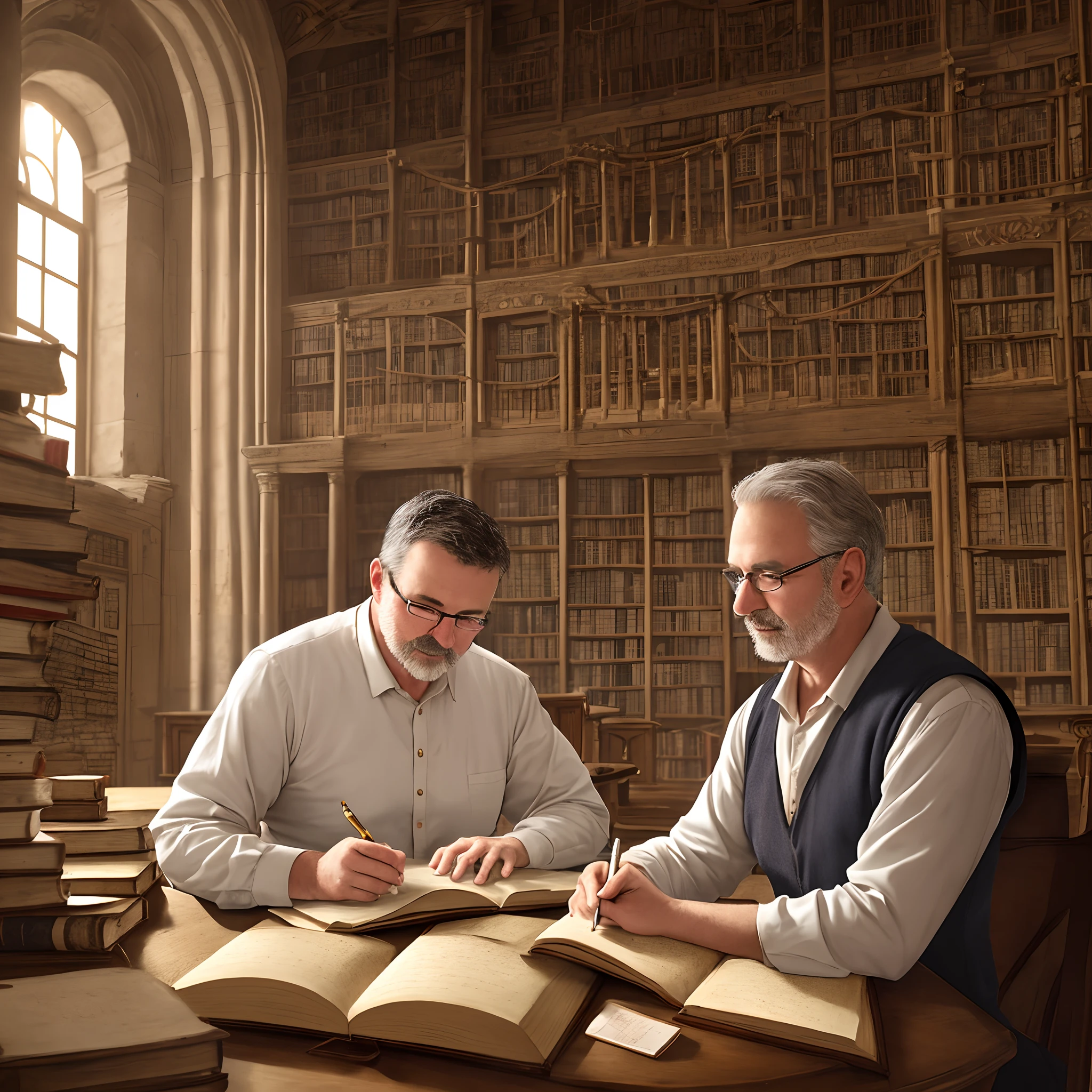 middle aged man writing in an ancient book in an ancient roman library