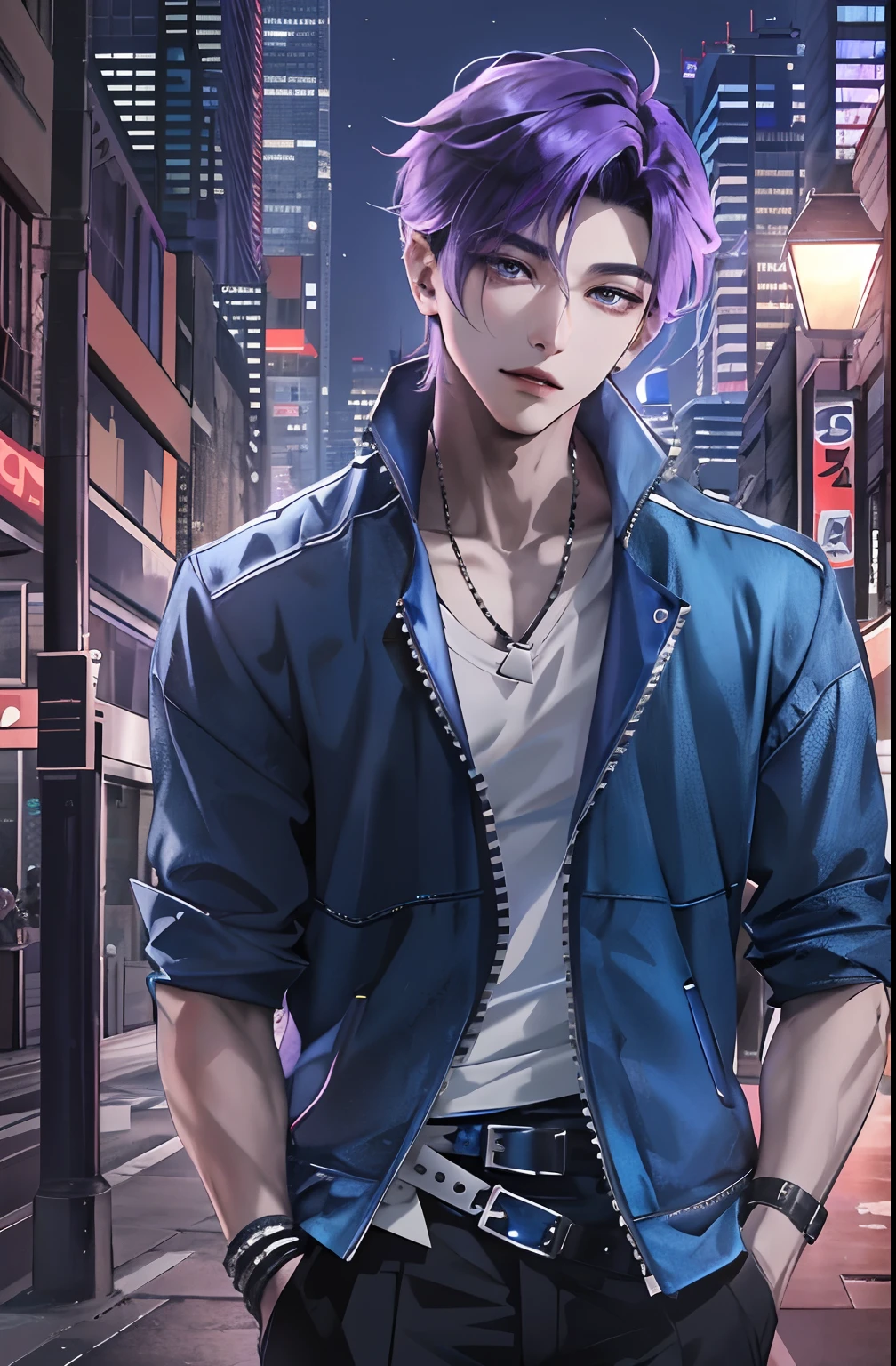 Describe the striking features of the Korean boy in sharp HD graphics, with his piercing blue eyes and chiseled jawline, wearing a stylish, modern outfit that accentuates his lean physique. His short, violet hair is styled in a contemporary way, giving him an air of confidence and charm as he stands against a vibrant cityscape backdrop.