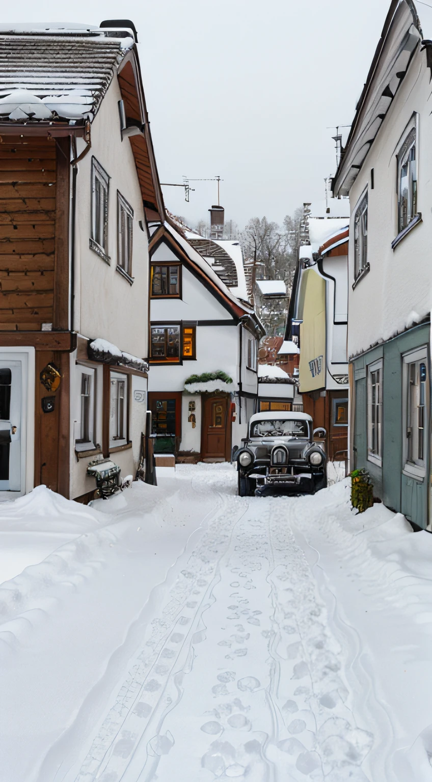 Picture a winter scene in a quaint Swedish village, the old-school architecture draped in heavy snow, classic cars dotting the streets, a feeling of stepping back in time