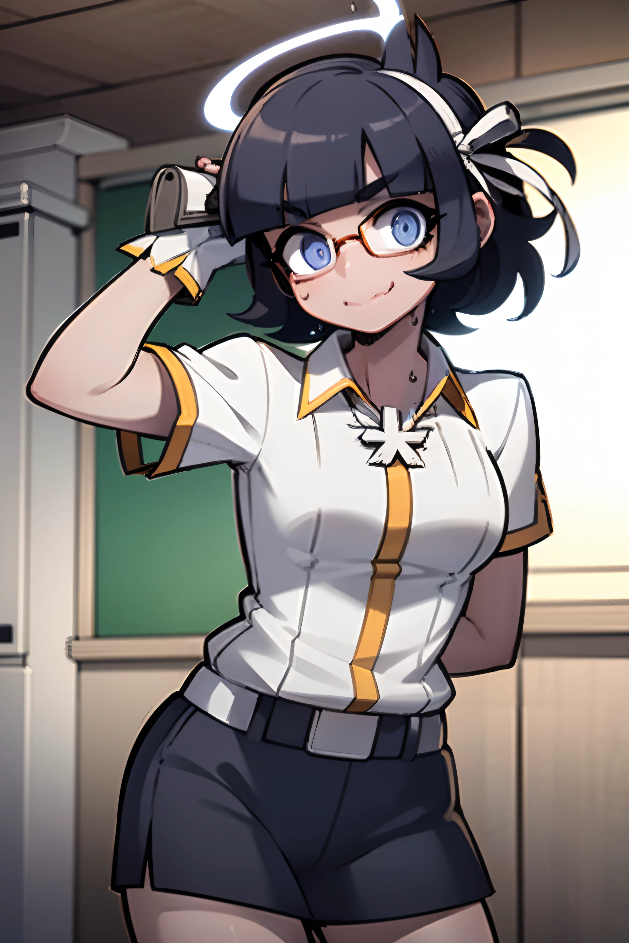 (masterpiece, best quality:1.2), solo, messy hair, 1girl, htazazel, sweat, wavy mouth, looking at viewer, holding, notepad, hair ribbon, halo, collared shirt, glasses, school uniform, skirt, standing, leaning forward, arms behind back, smile, classroom