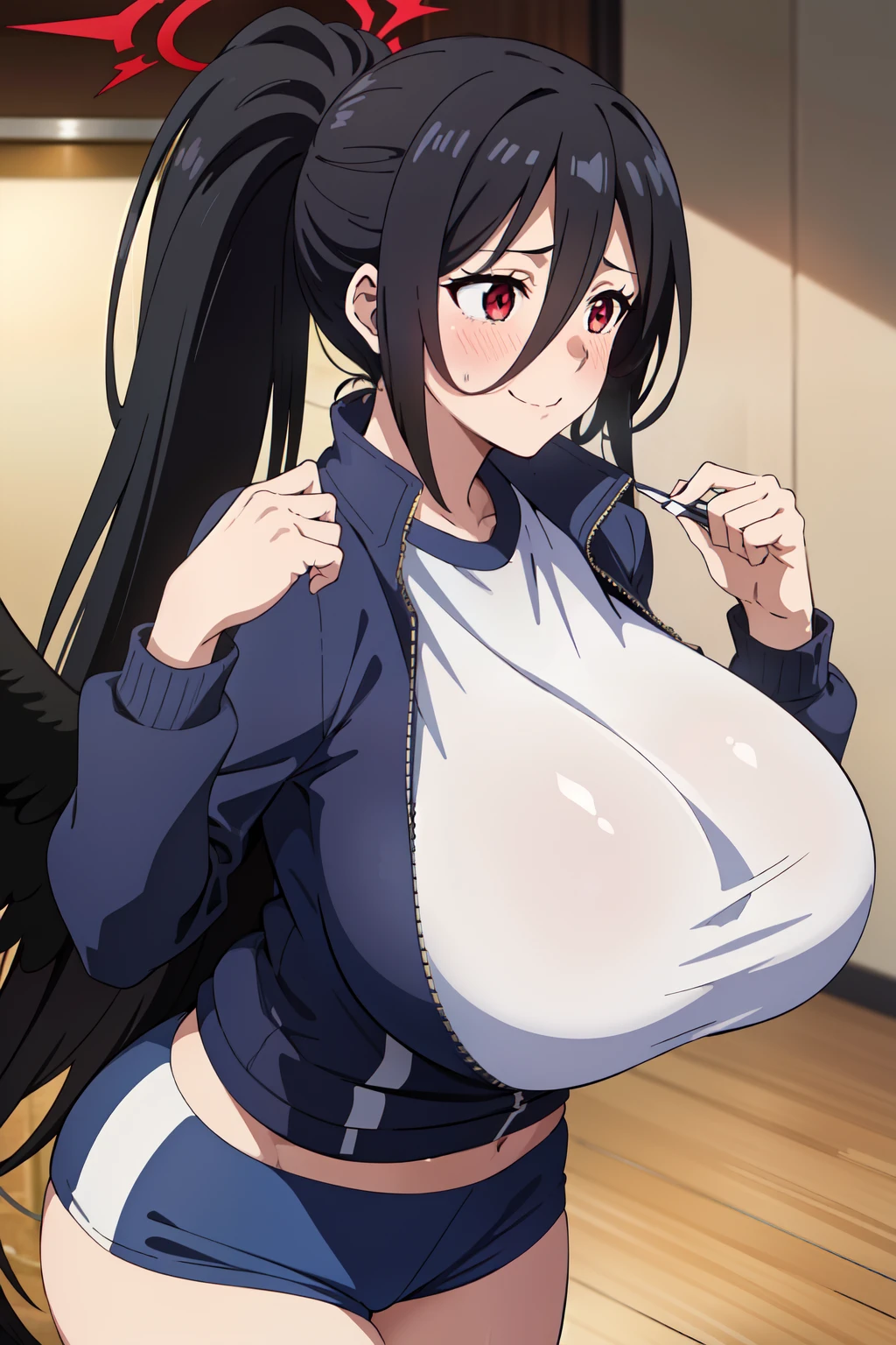 anime cels style, best quality, high resolution, 1girl, blush, embarrassed, smile, (huge breasts:1.4), hasumi ba, red eyes, halo, very long hair, black hair, hair between eyes, balck wings, gym outfit, blue jacket, white shirt, shorts, ponytail