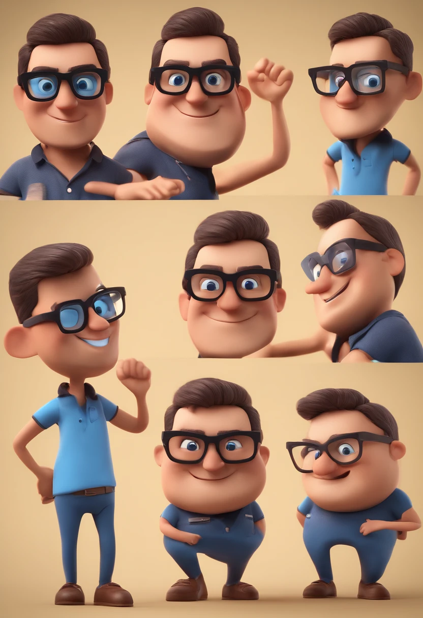 Cartoon character of a man with black glasses and a blue shirt, animation character, Caractere estilizado, animation style rendering, 3D estilizado, Arnold Maya render, 3 d render stylized, toon render keyshot, Personagem 3D, Personagem 3D, 3d rendering stylized, 3 d character render, personagem de desenho animado, Personagem de close up, Pose de personagem,  (Estilo Pixar) (master part:1.2) (Bokeh) (best quality) (pele detalhada) (textura detalhada) (8k) (argila) (Cinematic lighting) (foco nítido