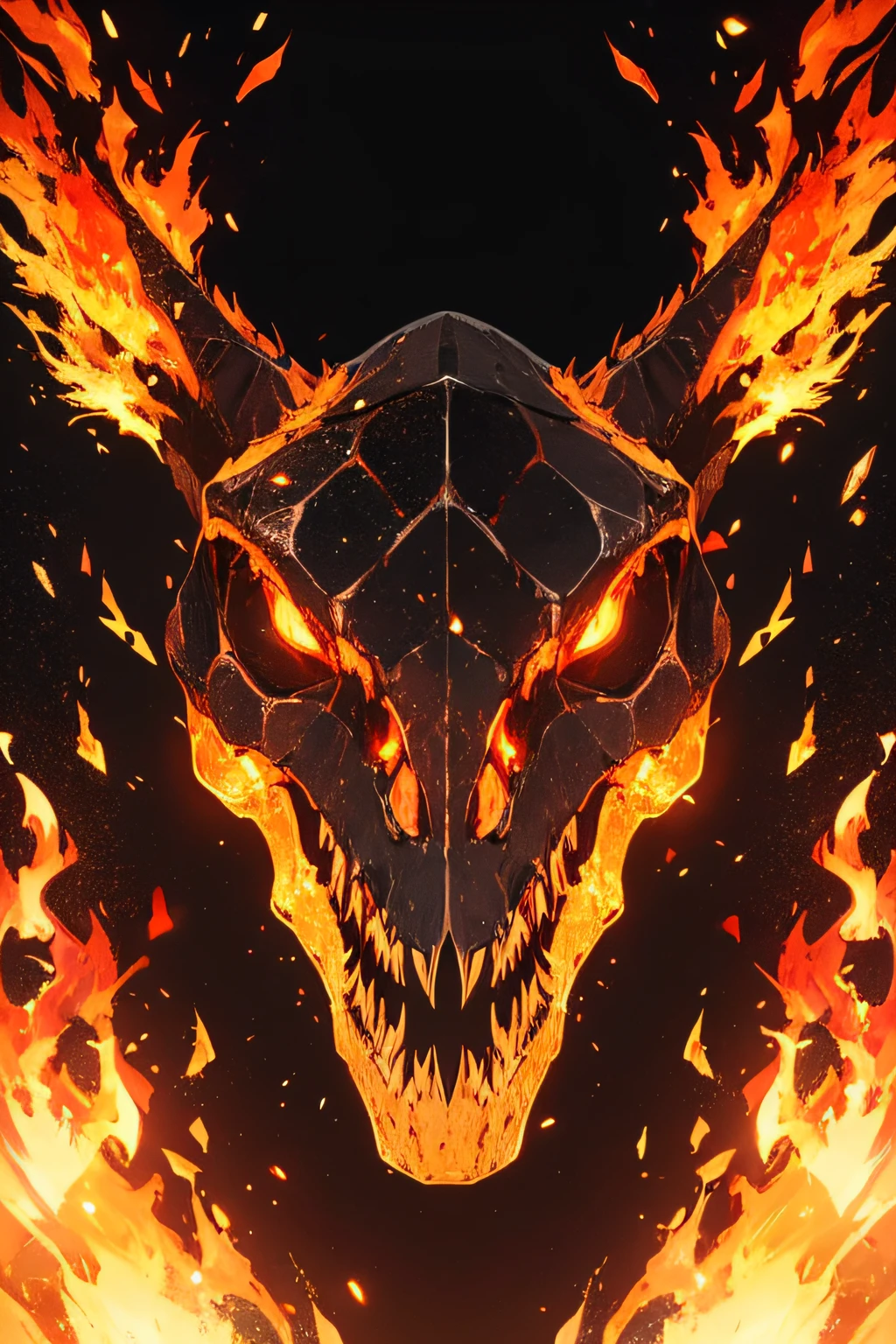 A magnificent tyrannosaurus skull made of transparent crystal with reflections of multiple colors "like gasoline", moving flames are visible in its eyes and behind the skull