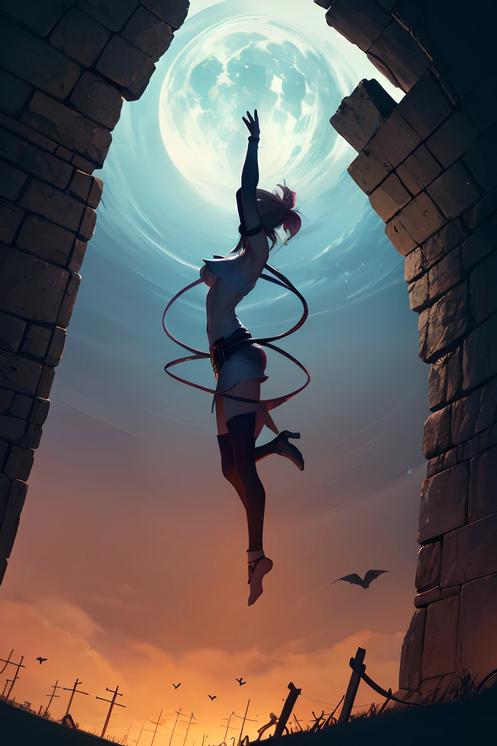 (Obra maestra:1.2), (La mejor calidad:1.2), Perfect lighting, Chica Maga Oscura lanzando un hechizo, flotando en el aire, tetas grandes, escote, fondo de magia oscura. Magical Apocalypse