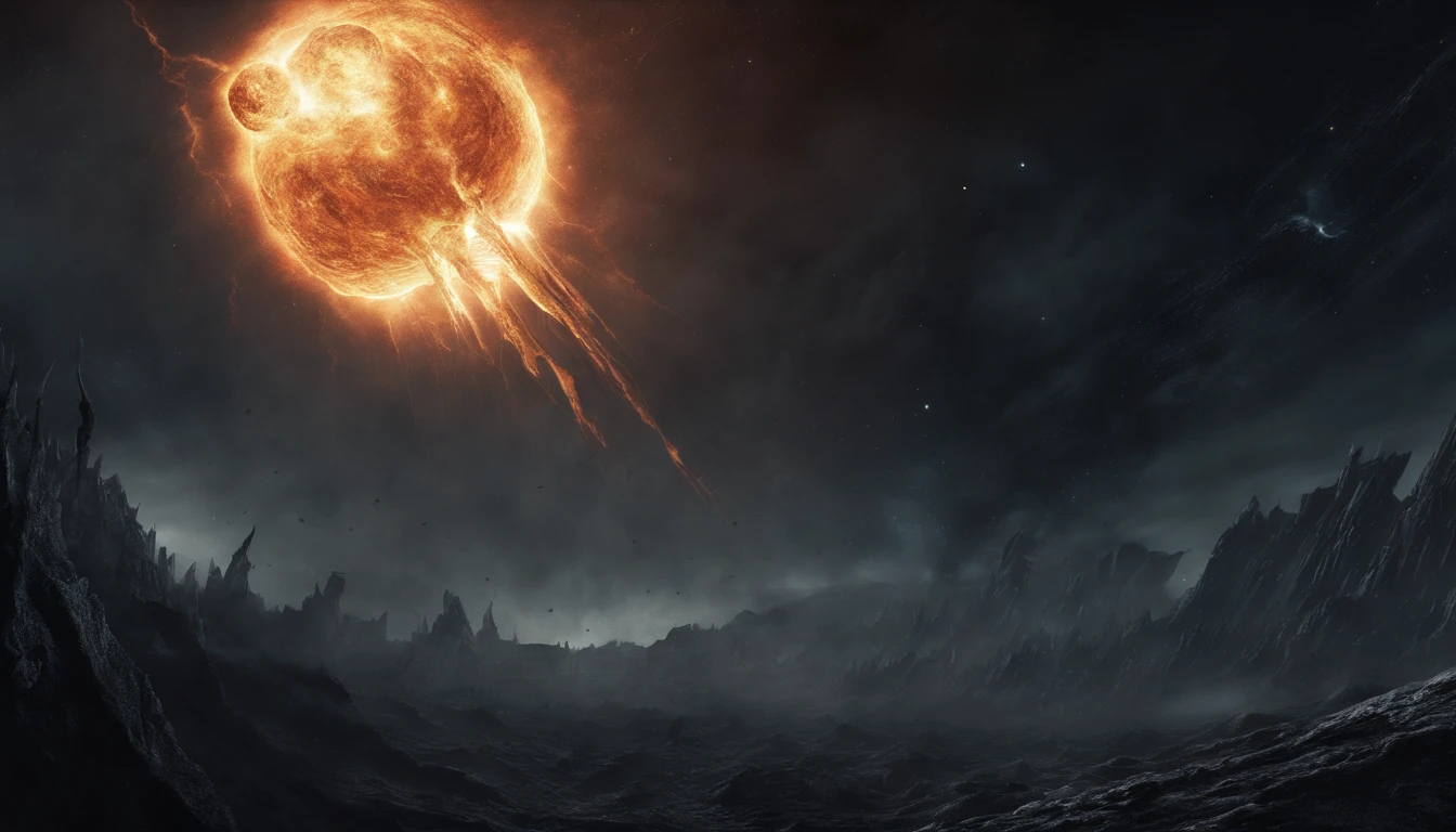 A meteor in space on the background of a super nova, Lovecraft style