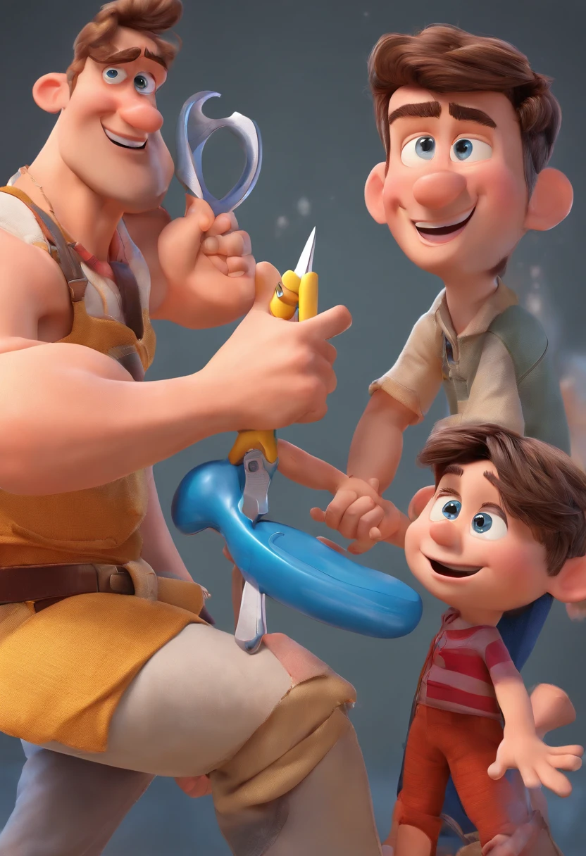 Estilo Pixar: The grown man is holding a naked blue-eyed boy and in his other hand he is holding a pair of scissors and is trying to cut off the boy's testicles,3D Poster,Disney