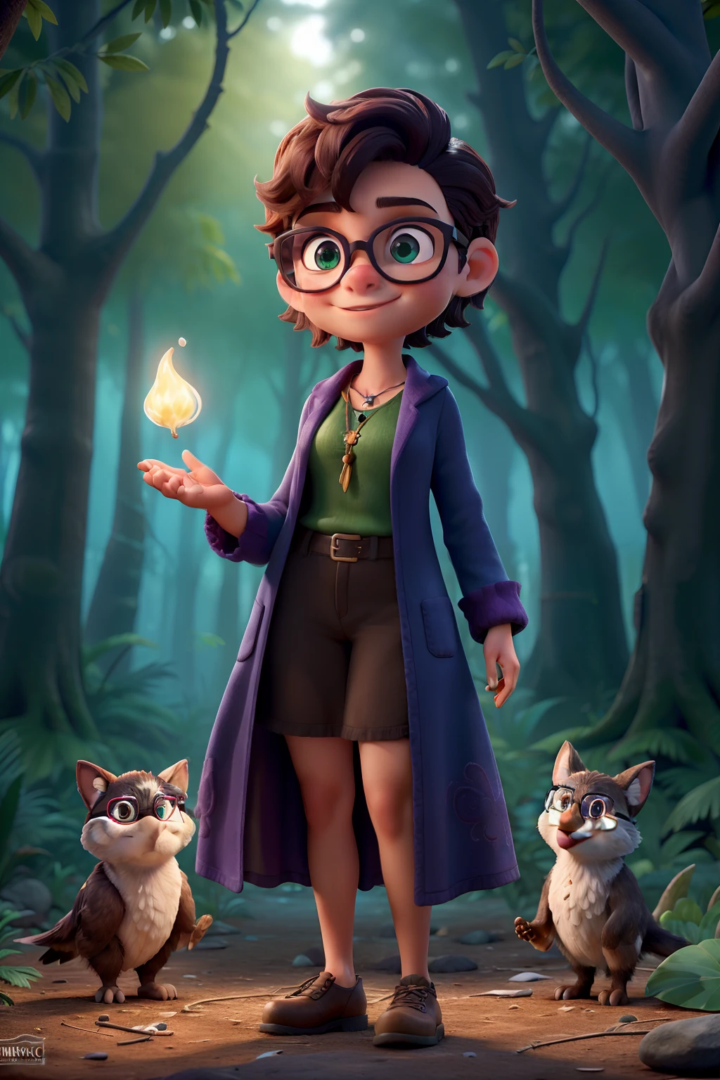 "(best quality,ultra-detalhado),Uma jovem bruxa,short hair,glasses,um pouco acima do peso,Performing Magic Spells,Standing in a forest full of magic lights,illustration,cores realistas,Warm and mystical illumination" Along are other young witches