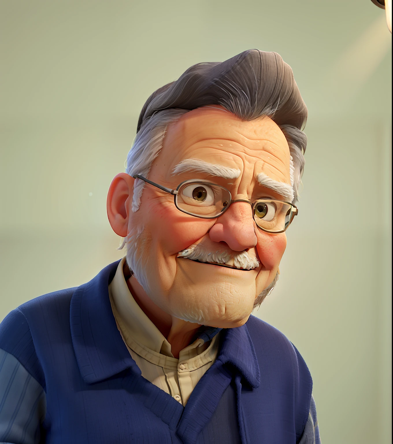 A wise old man standing in front, illuminated by the light of a lamp, against the backdrop of a library