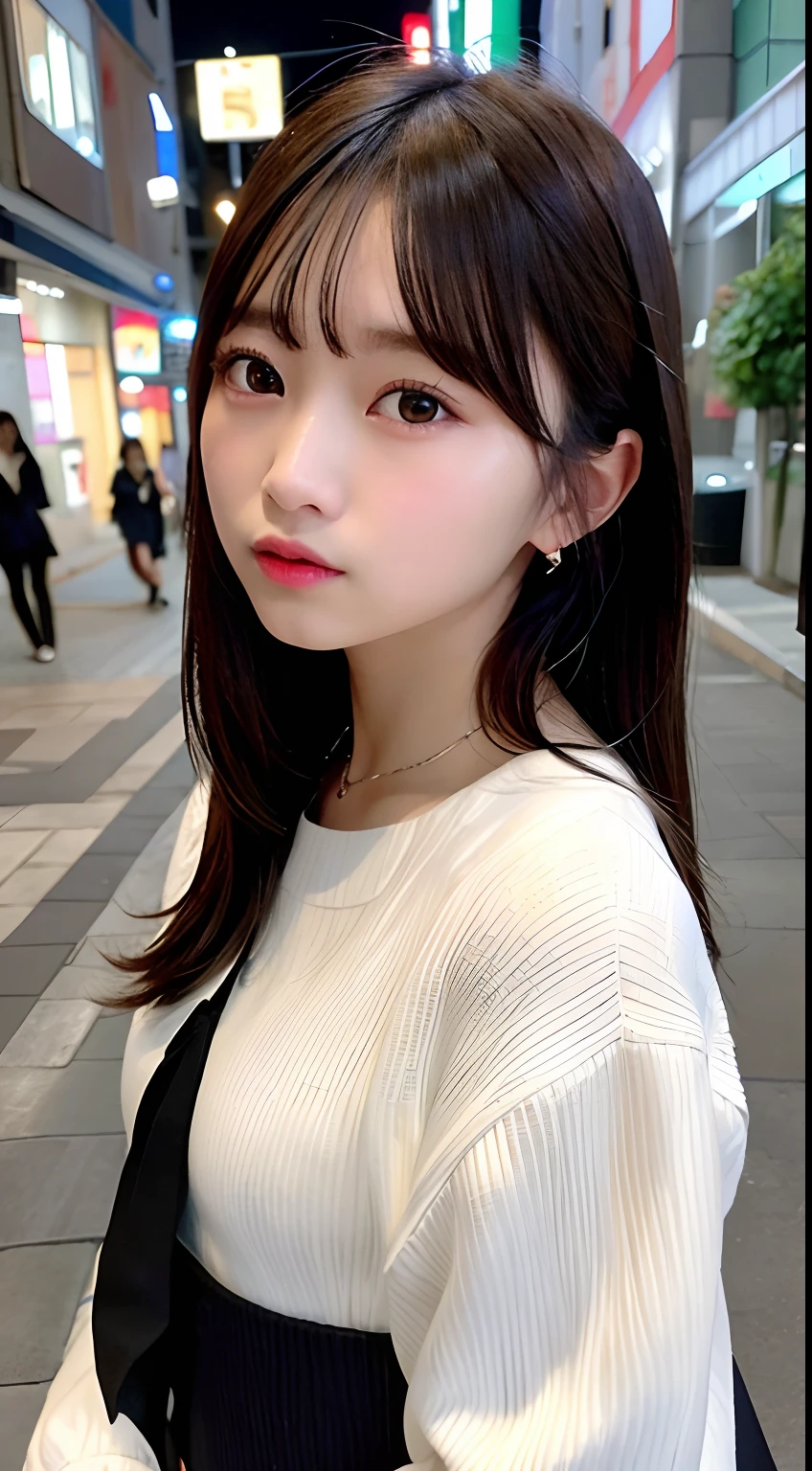 8K raw photos、hight resolution、abdominals、ribbed、A dark-haired、Beautiful at 22 years old Japan、with round face、Very small lips、Round Big、Valley、beautiful eyes finely detailed、long eyeslashes、Beautiful double eyelids、Sanpaku eyes、Duck mouth、Blunt bangs、Okappa、耳Nipple Ring、a necklace、random facial expression、(Background with: Black sedan and night view)、 Looking at Viewer,TOKYOcty、(vestments:Girls' Uniform)、Full body