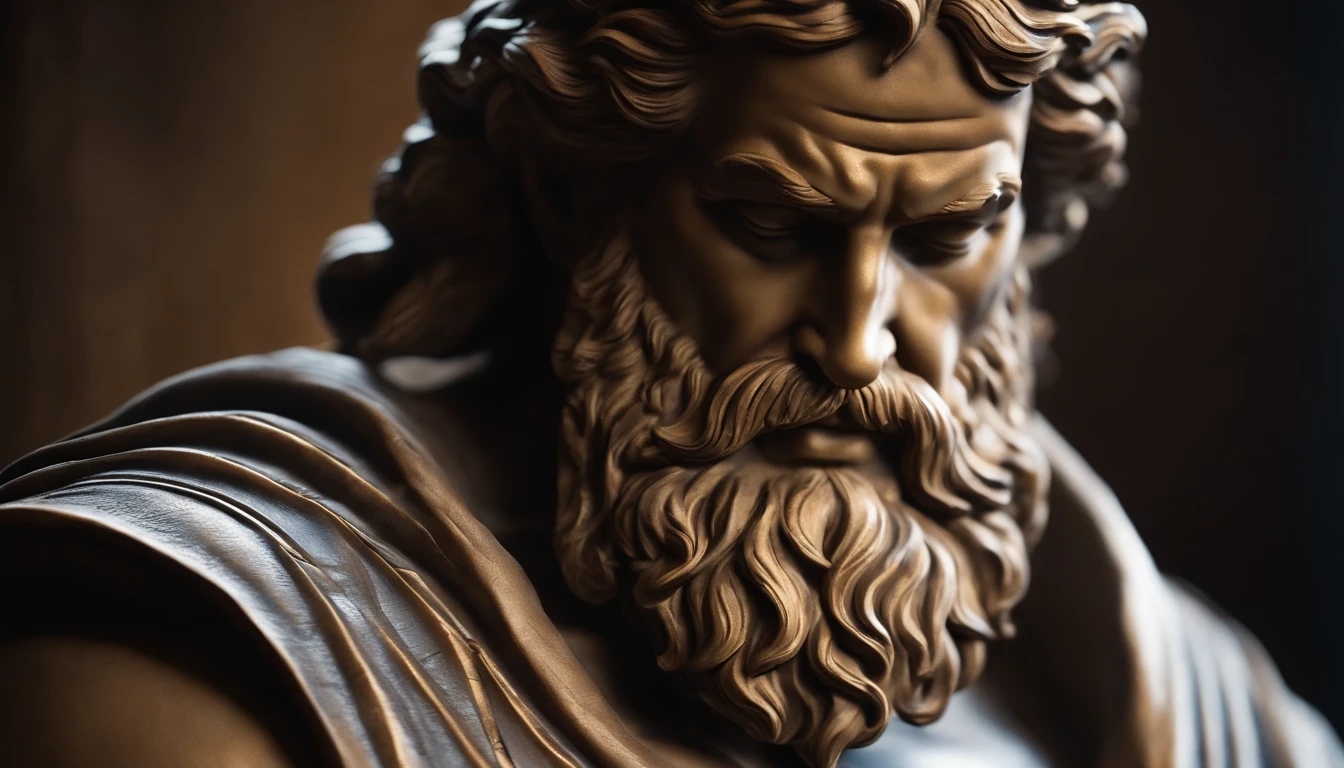 Epictetus Stoic Cinematic Statue Hercules Style 4K, with muscles and dark background.  Statue depicting Stoic virtue, with emphasis on details of the parchment and quill.
Close-up camera angulation to highlight the details of the writing on the parchment.
Direct lighting that enhances the calligraphy on the parchment and the texture of the paper.
Cena 5: Serenidade em Meio ao Caos