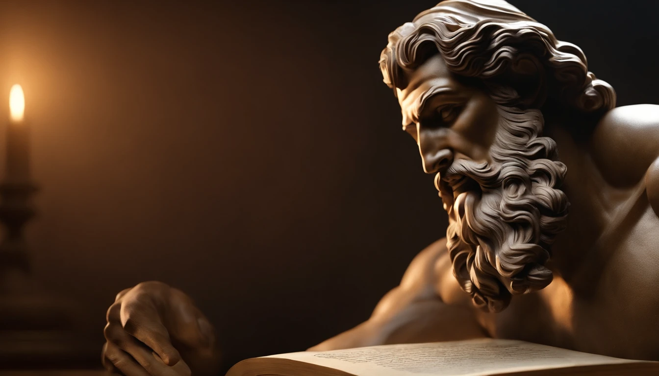 Epictetus Stoic Cinematic Statue Hercules Style 4K, with muscles and dark background. Statue depicting Stoic virtue, with emphasis on details of the parchment and quill.
Close-up camera angulation to highlight the details of the writing on the parchment.
Direct lighting that enhances the calligraphy on the parchment and the texture of the paper.
Cena 5: Serenidade em Meio ao Caos