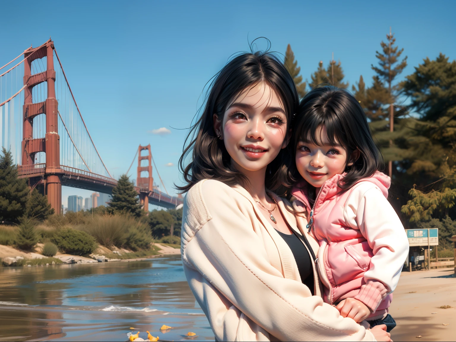 masterpiece, best quality, 3d rendering work, 3DMM style, close-up, portrait, 3D, Asian woman with little girl, beautiful skin, brown eyes, medium wavy black hair, sweet smile, red bridge background, 80 kg overweight, gradient background. Colors Candy color, cute