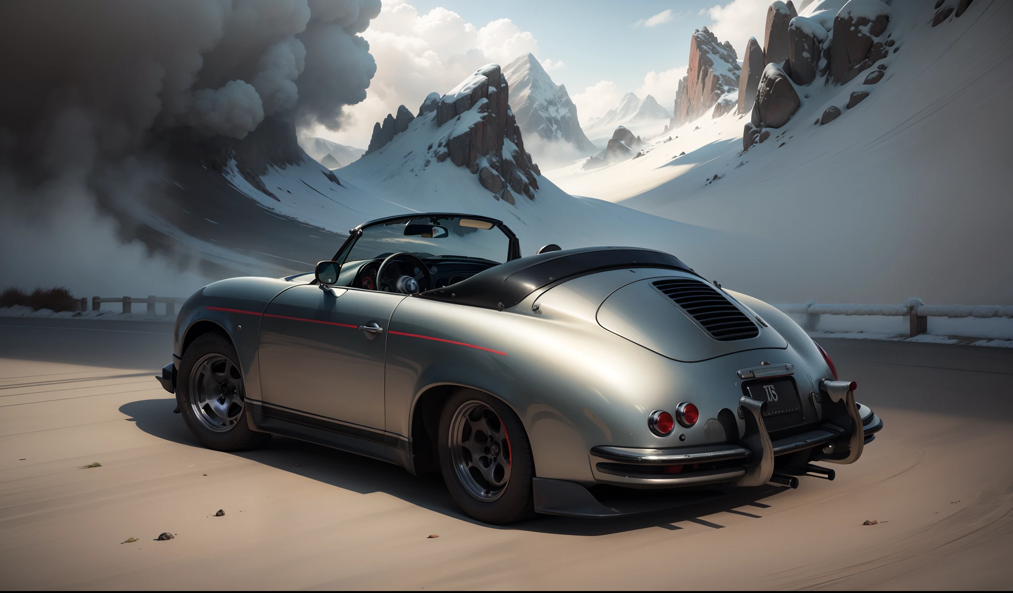 Photorealistic red Poesche 356 sports car drifting on mountain road, Formula Drift, Oversteer, Smoke coming from the rear tires, carro deslizando lateralmente perto do penhasco, deriva, Gincana, Rali Cross, Automatic crossing