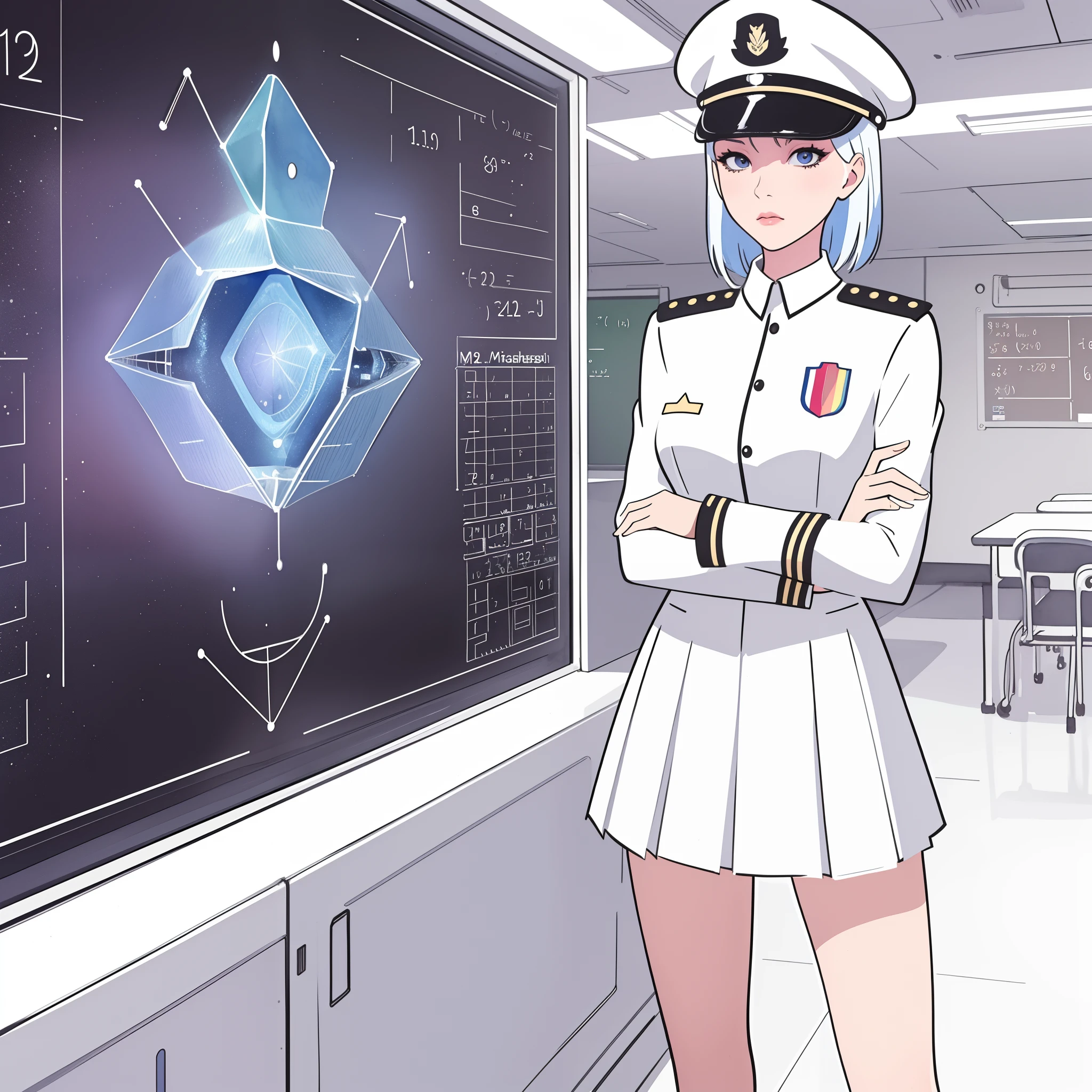(masterpiece:1.2, best quality), 1girl, girl, white space cadet uniform, military hat, short pleated skirt, serious, standing by holographic board displaying math shapes, classroom, spaceship interiors, sci-fi, futuristic, anime minimalist, watercolor