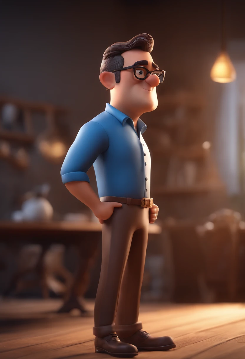 Cartoon character of a man with black glasses and a blue shirt, animation character, Caractere estilizado, animation style rendering, 3D estilizado, Arnold Maya render, 3 d render stylized, toon render keyshot, Personagem 3D, Personagem 3D, 3d rendering stylized, 3 d character render, personagem de desenho animado, Personagem de close up, Pose de personagem, (Estilo Pixar) (master part:1.2) (Bokeh) (best quality) (pele detalhada) (textura detalhada) (8k) (argila) (Cinematic lighting) (foco nítido