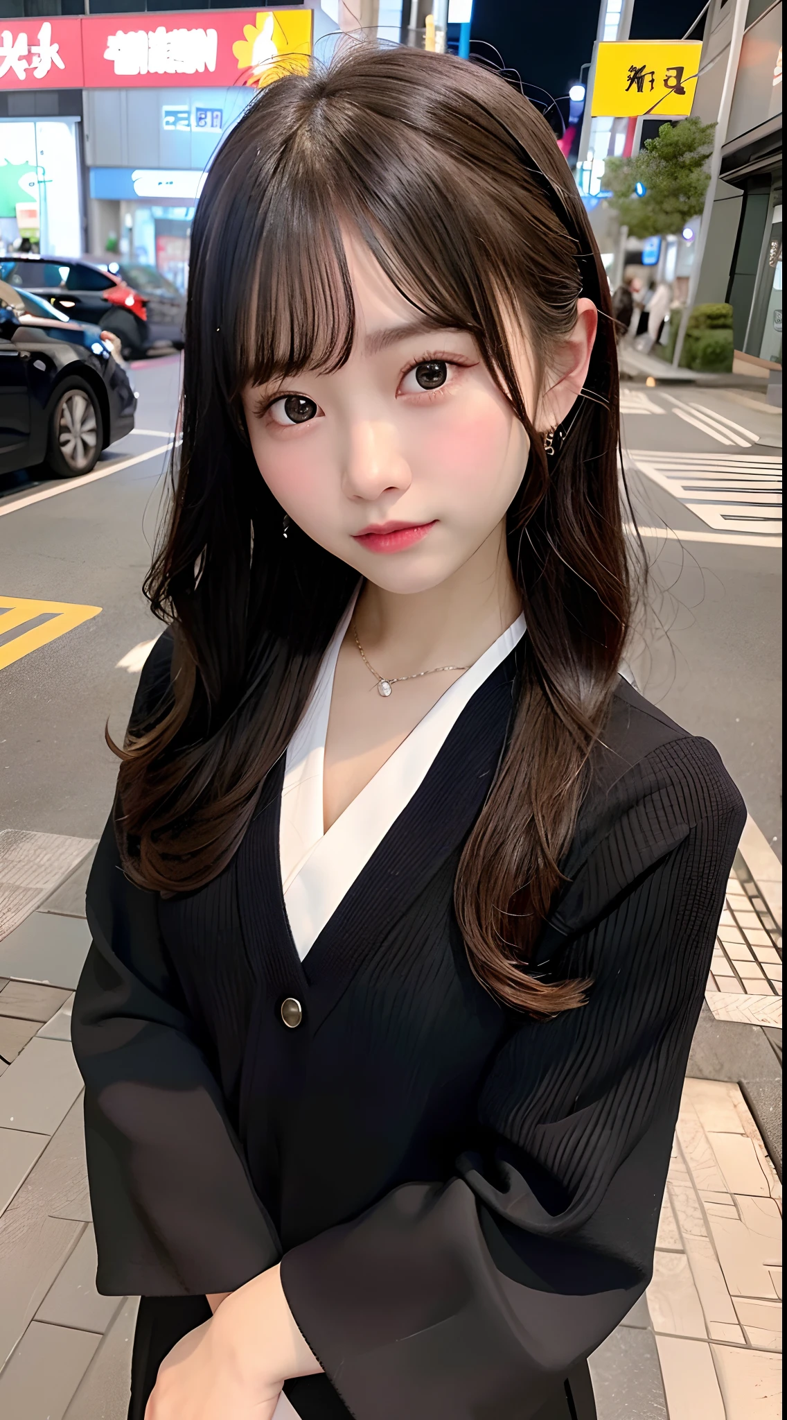 8K raw photos、hight resolution、abdominals、ribbed、A dark-haired、Beautiful at 22 years old Japan、with round face、Very small lips、Round Big、Valley、beautiful eyes finely detailed、long eyeslashes、Beautiful double eyelids、Sanpaku eyes、Duck mouth、Blunt bangs、Okappa、耳Nipple Ring、a necklace、random facial expression、(Background with: Black sedan and night view)、 Looking at Viewer,TOKYOcty、(vestments:Women's School Uniform)、Full body