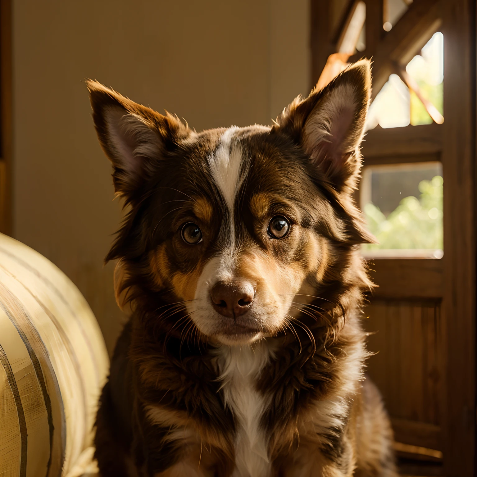 a red tri australian shepherd with pointy ears, a yellow color, hazel eyes and no tail as a pixar movie