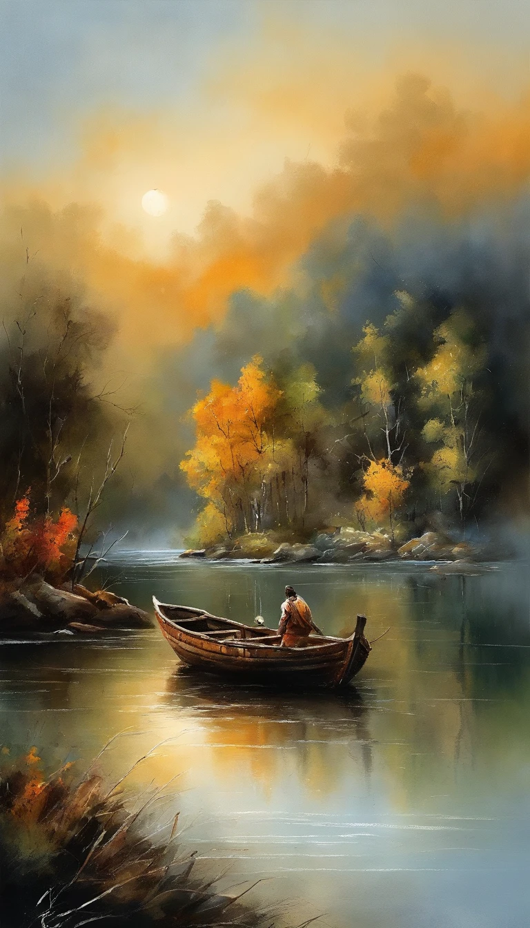 Pintura de paisagem chinesa,pintura a tinta e aquarela,water ink,tinta,Mancha,Vista distante,Ultra-wide viewing angle,meticuloso,low saturation,baixo contraste,night time render,cena noturna,Um lago, um grupo de 11 homens em um barco, 1 homem saindo do barco ao lado como se fosse andar sobre a agua e outro homem esperando do outro lado do lago
