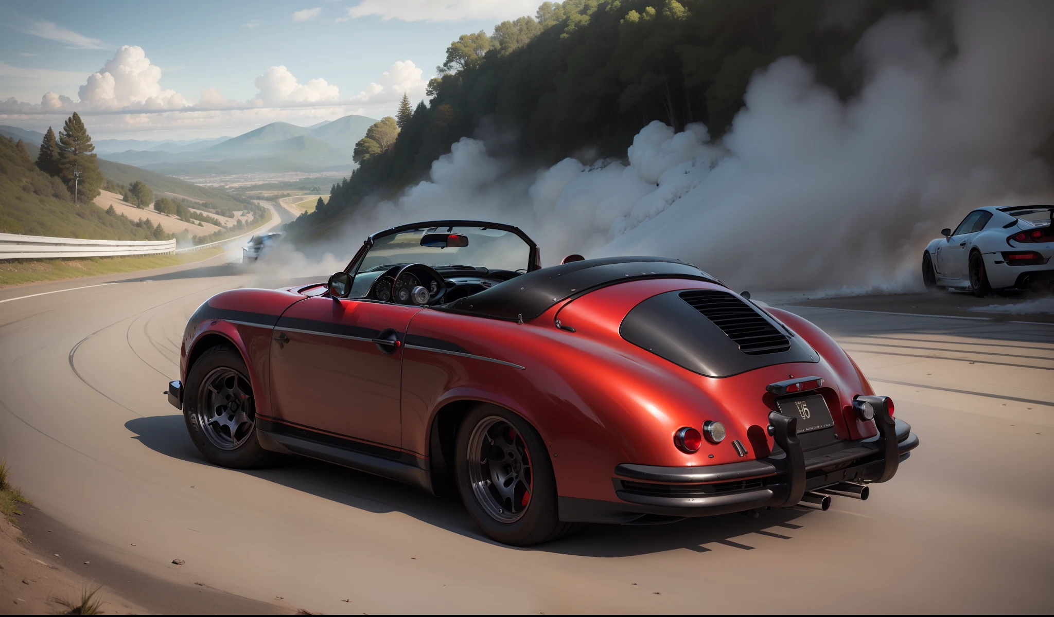 Photorealistic red Poesche 356 sports car drifting on mountain road, Formula Drift, Oversteer, Smoke coming from the rear tires, carro deslizando lateralmente perto do penhasco, deriva, Gincana, Rali Cross, Automatic crossing