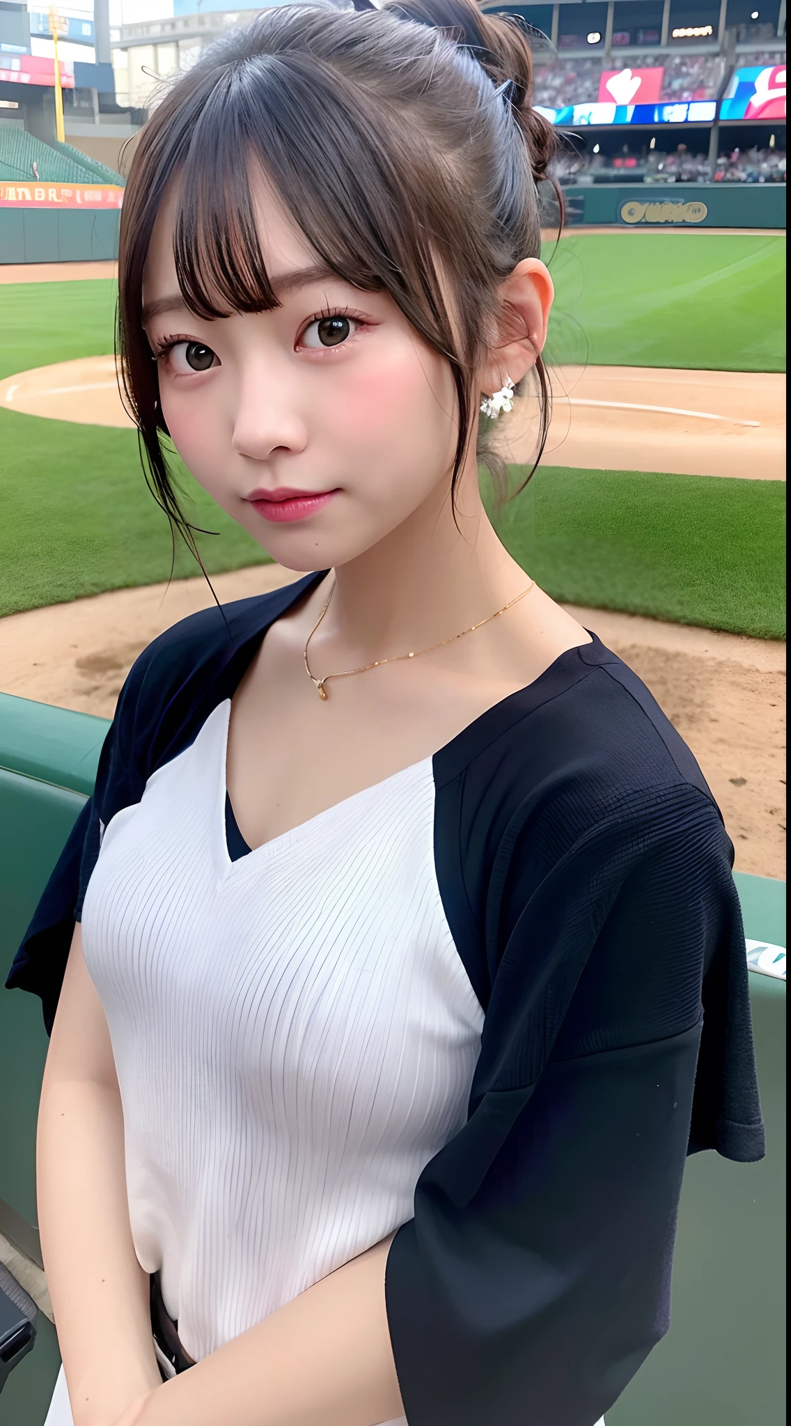 8K raw photos、hight resolution、abdominals、ribbed、A dark-haired、Beautiful at 22 years old Japan、with round face、Very small lips、Round Big、Valley、beautiful eyes finely detailed、long eyeslashes、Beautiful double eyelids、Sanpaku eyes、Duck mouth、Blunt bangs、Okappa、耳Nipple Ring、a necklace、random facial expression、(Background: Baseball Stadium)、 Looking at Viewer,baseball field、(vestments:Baseball)、helmets、Full body