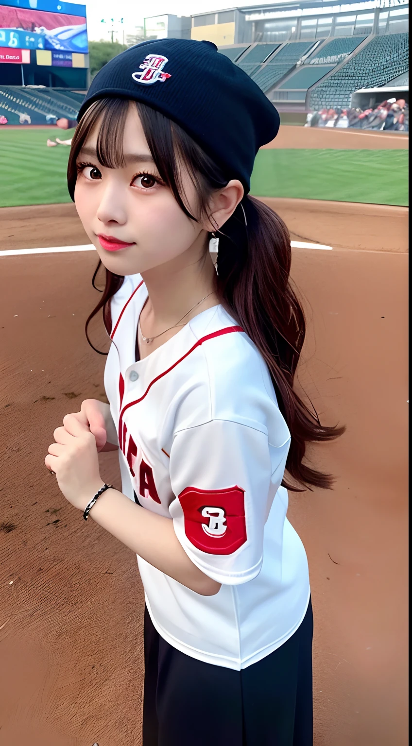 8K raw photos、hight resolution、abdominals、ribbed、A dark-haired、Beautiful at 22 years old Japan、with round face、Very small lips、Round Big、Valley、beautiful eyes finely detailed、long eyeslashes、Beautiful double eyelids、Sanpaku eyes、Duck mouth、Blunt bangs、Okappa、耳Nipple Ring、a necklace、random facial expression、(Background Baseball Stadium)、 Looking at Viewer,baseball field、(vestments:baseball)、knit hat、Full body