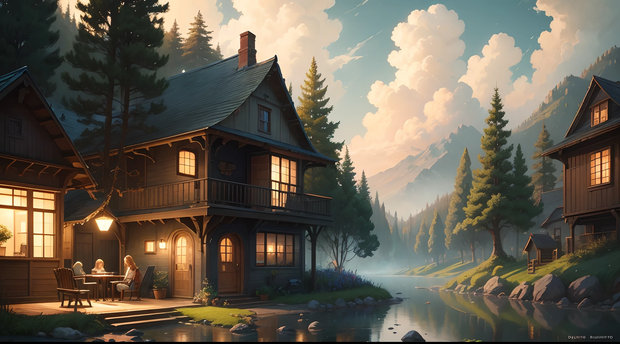 fine art, digital painting, amazing sky, pixar style,
.
Woman, reading book, Wear headphones, aesthetic, digital illustration, soft colors, cozy backyards, cup of coffee, potted plant, bench, tree, grass, water reflection, melancholic atmosphere, side view, flower, windy, table, pile of books, homework,
.
cute, storybook detailed llustration, cinematic, ultra highly detailed, tiny details, beautiful details, vibrant colors