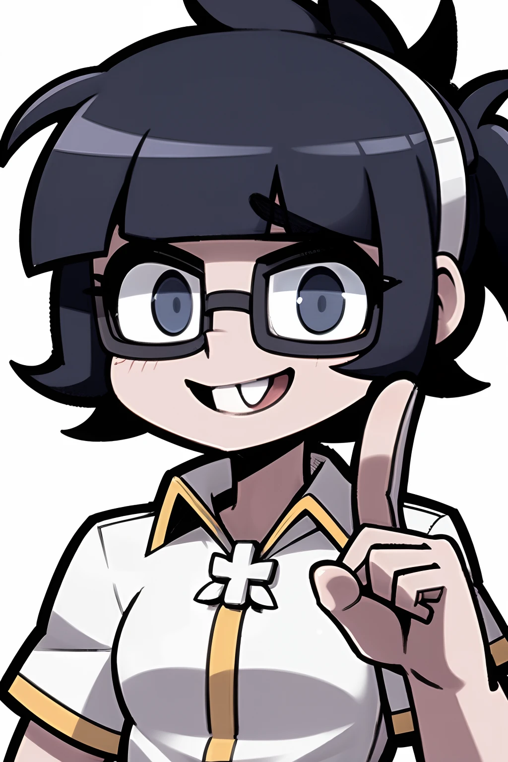 htazazel, chibi, glasses, index finger raised, upper teeth, white background,