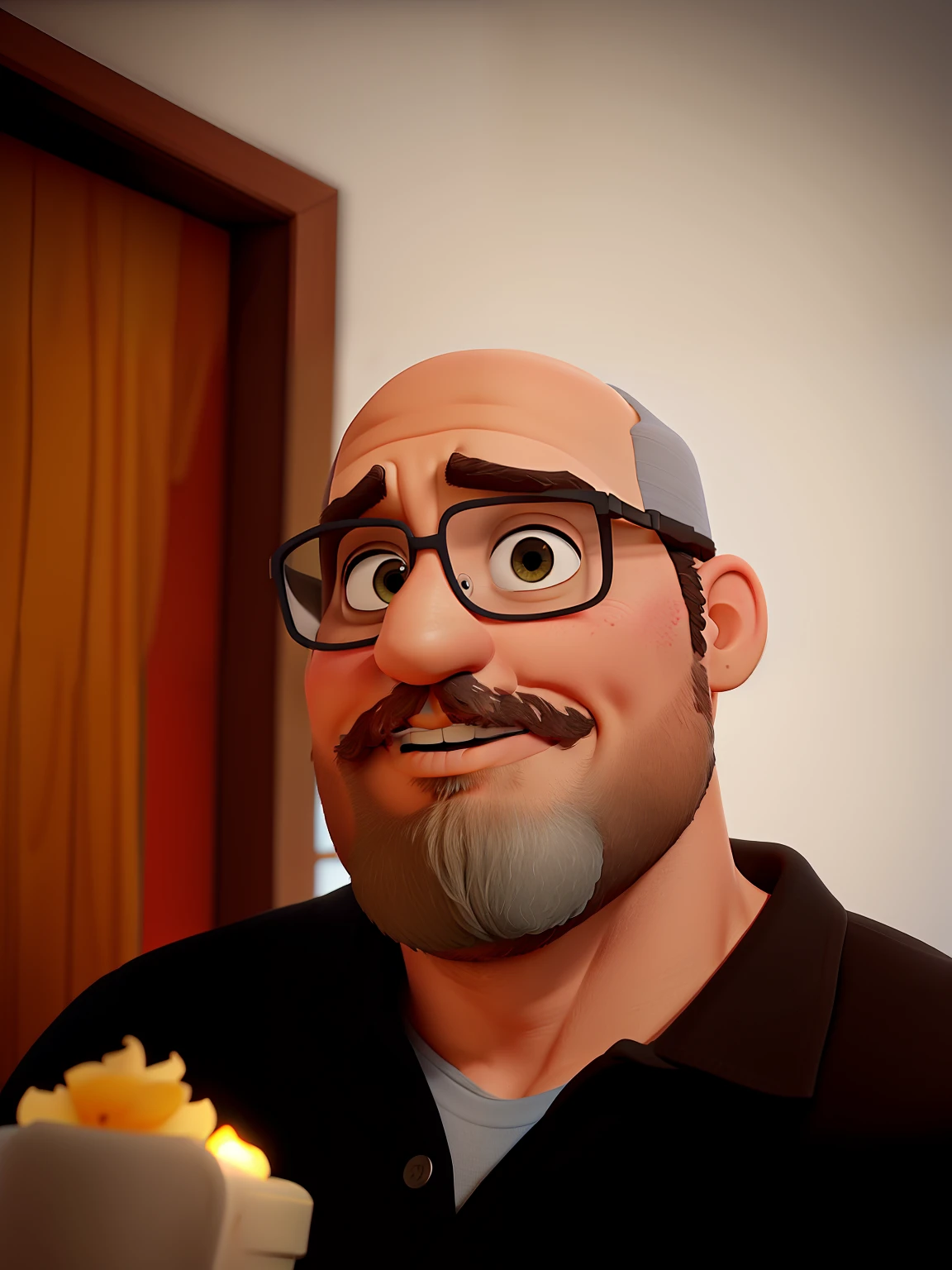 Poster no estilo Disney pixar, alta qualidade, melhor qualidade, homem sexy branco, 46 anos careca, barba grisalha, musculoso, com fundo em um restaurante a luz de velas