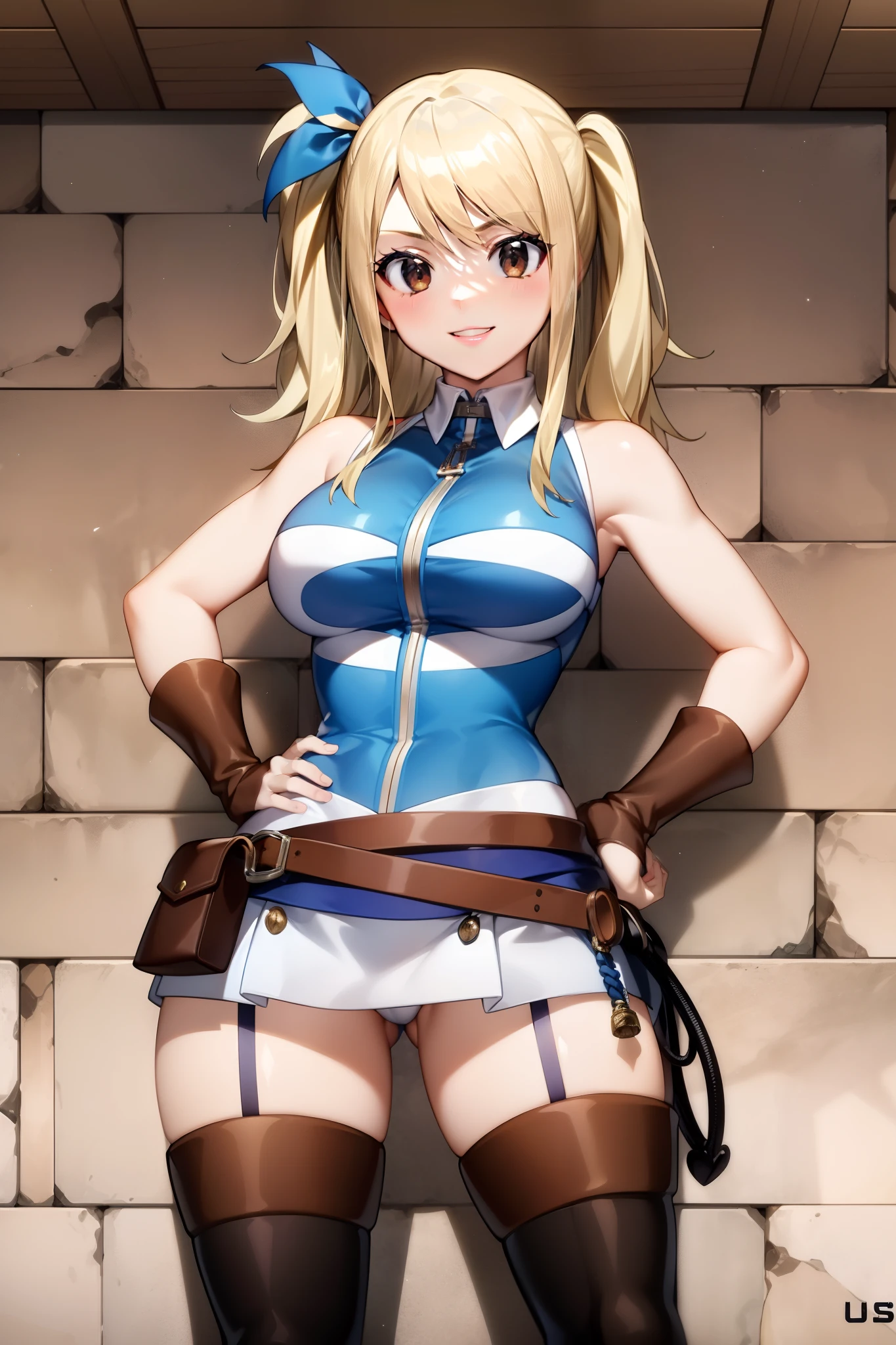 (巨作, Best Quality:1.2), 独奏, 1girl, Lucy Hartfilia, smile, Looking ta viewer, hands on hips, Sleeveless Blue, mini skirt, thigh boots