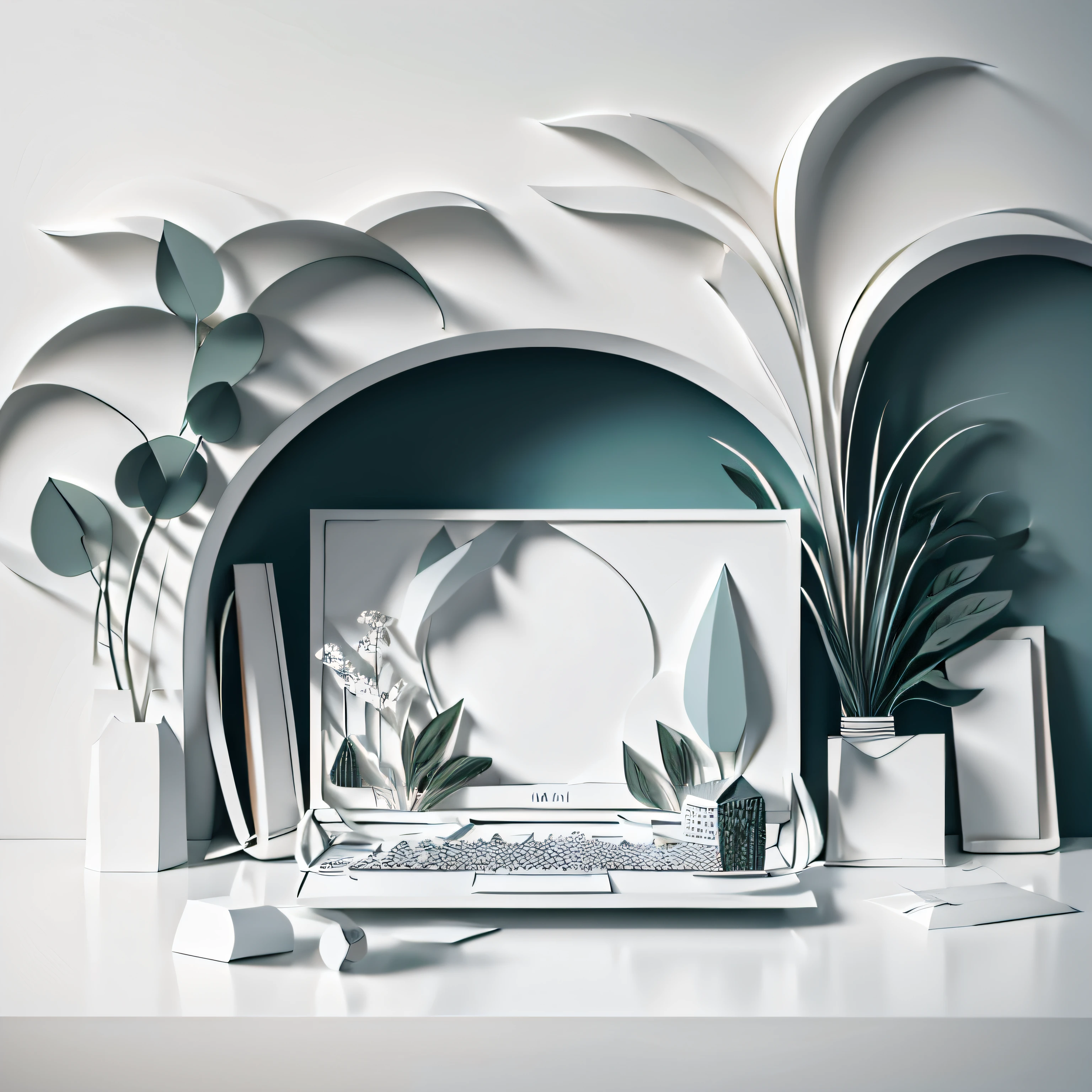 papercraft image, monochromatic white, all white, no colour, nature, scene inside notebook computer on desk, plants aorund