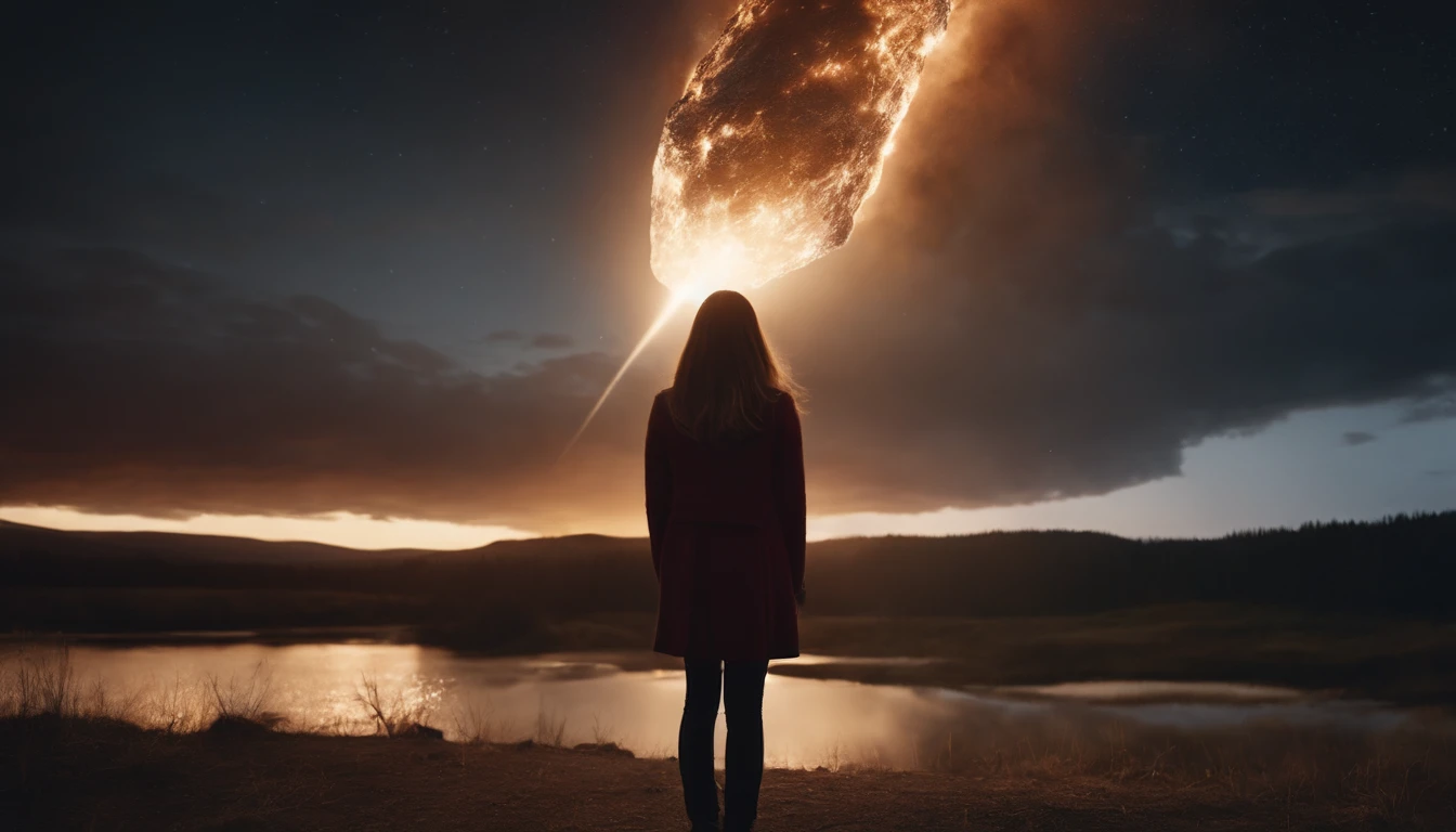 the girl watches as a giant meteorite falls to Earth