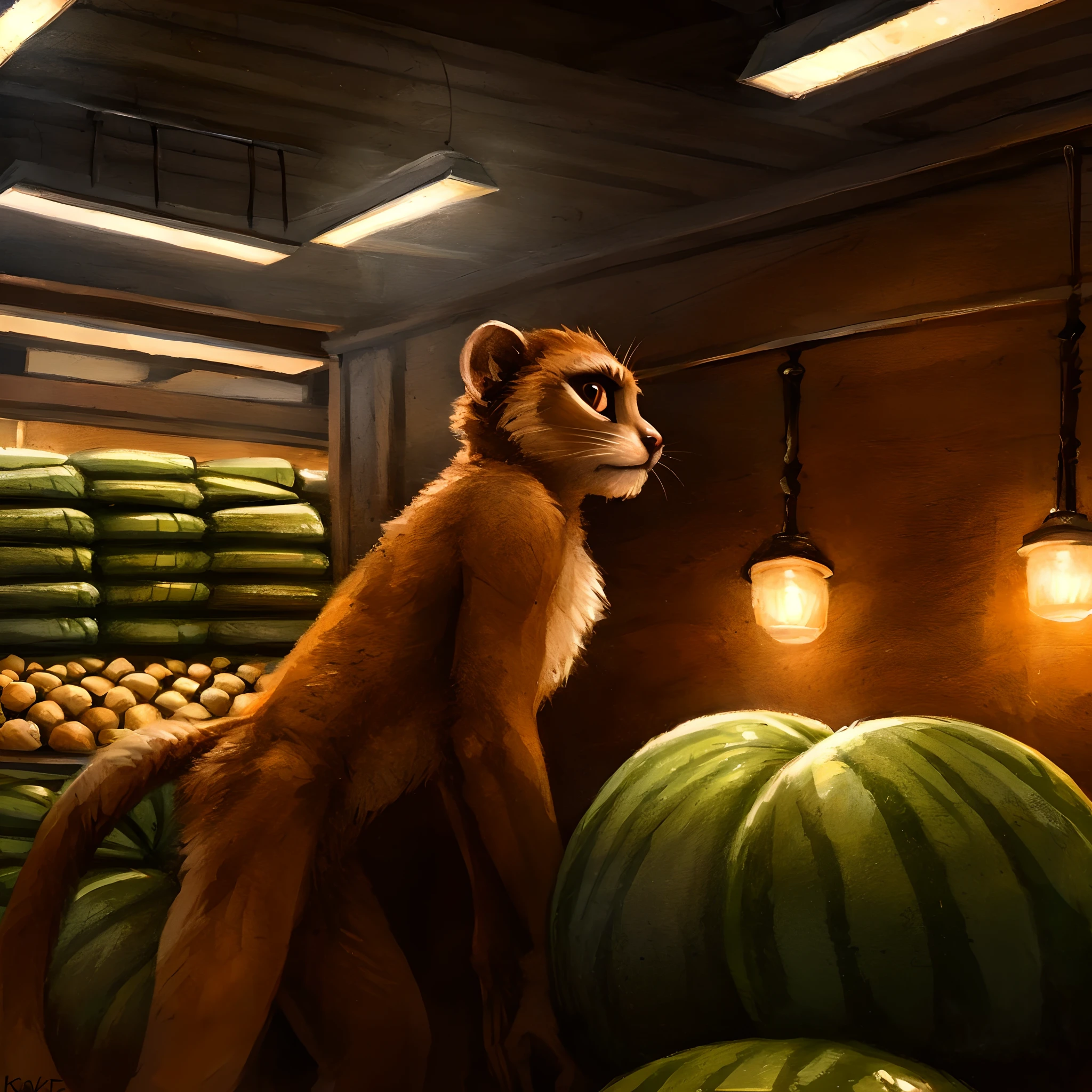 8k, masterpiece, super detailed, intricate lighting, loris monkey in spy suite, sneaked into the store and steals watermelons, by kenket