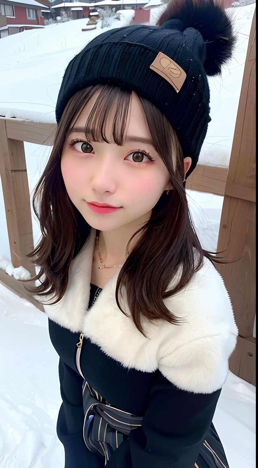 8K raw photos、hight resolution、abdominals、ribbed、A dark-haired、Beautiful at 22 years old Japan、with round face、Very small lips、Round Big、Valley、beautiful eyes finely detailed、long eyeslashes、Beautiful double eyelids、Sanpaku eyes、Duck mouth、Blunt bangs、Okappa、耳Nipple Ring、a necklace、random facial expression、(Background Ski Resort)、 Looking at Viewer,snow mountains、a ski、(vestments:Ski Wear)、knit hat、Full body