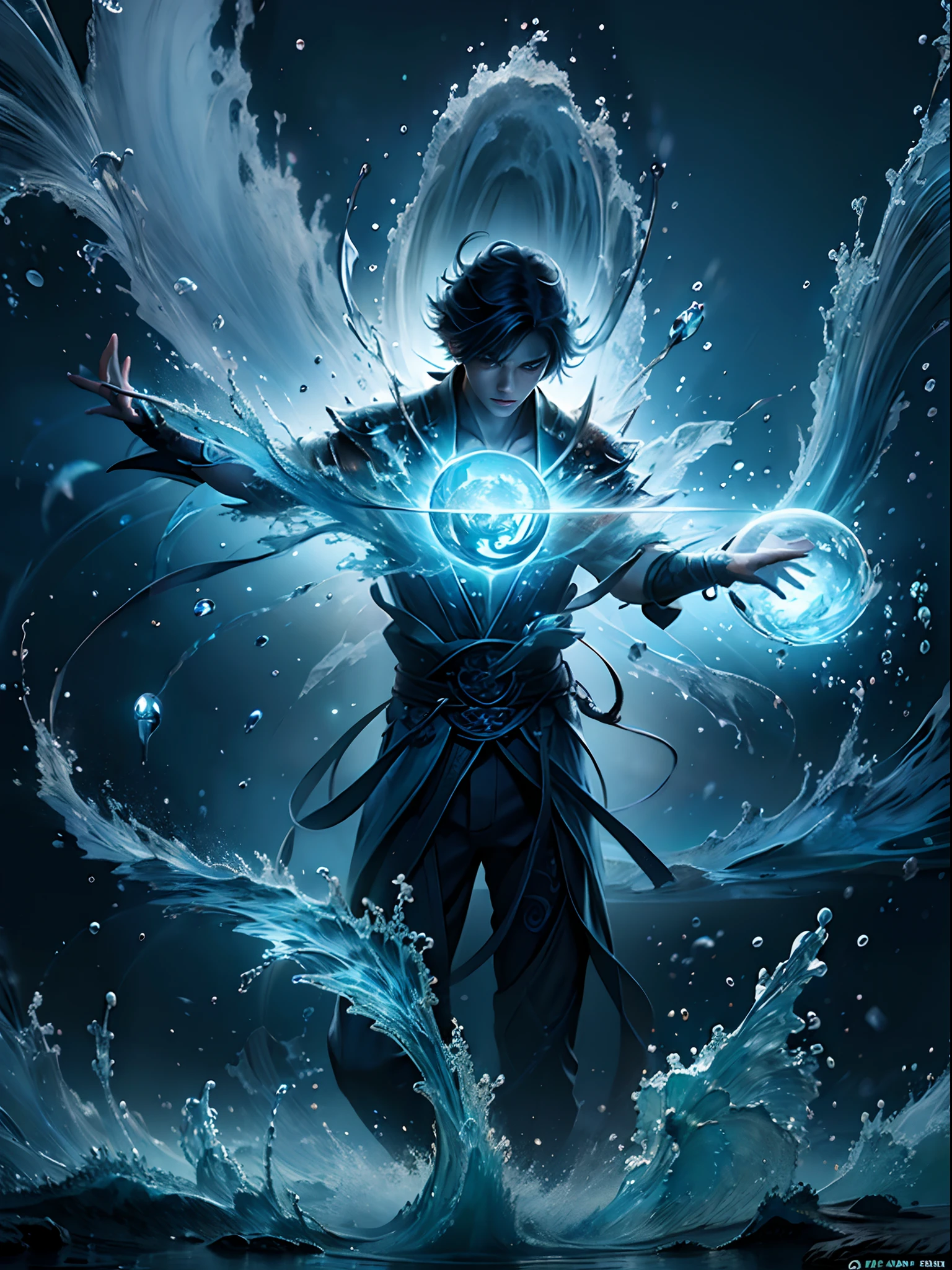 Generate a hyper-realistic 32k resolution AI artwork of an anime boy who possesses the extraordinary power to control and manipulate water. The boy should be shown in a dynamic and awe-inspiring pose, surrounded by a grand display of his water manipulation abilities. His attire should reflect an intricate and unique design, influenced by aquatic themes. The background should be a mesmerizing underwater world, with vibrant, bioluminescent marine life and intricate details in the aquatic environment. The lighting should emphasize the translucency and fluidity of the water and highlight the boy's powers. Please ensure the artwork is rich in detail and realism, with an emphasis on the boy's control over water, evoking a sense of wonder and power.