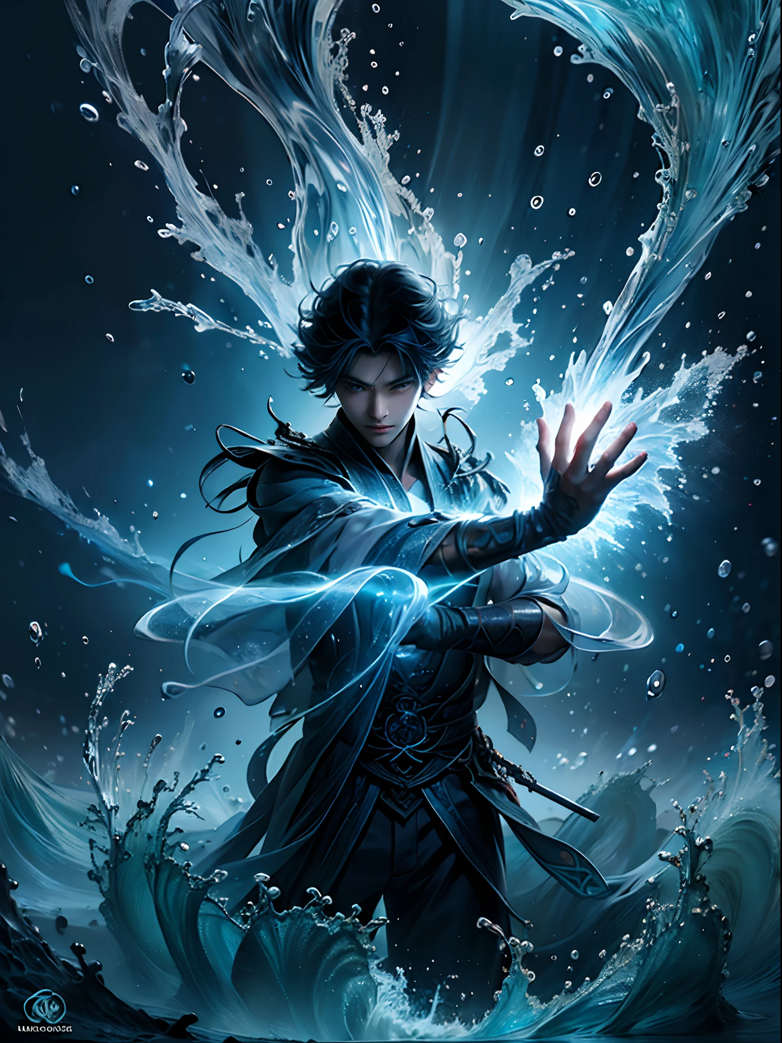 Generate a hyper-realistic 32k resolution AI artwork of an anime boy who possesses the extraordinary power to control and manipulate water. The boy should be shown in a dynamic and awe-inspiring pose, surrounded by a grand display of his water manipulation abilities. His attire should reflect an intricate and unique design, influenced by aquatic themes. The background should be a mesmerizing underwater world, with vibrant, bioluminescent marine life and intricate details in the aquatic environment. The lighting should emphasize the translucency and fluidity of the water and highlight the boy's powers. Please ensure the artwork is rich in detail and realism, with an emphasis on the boy's control over water, evoking a sense of wonder and power.