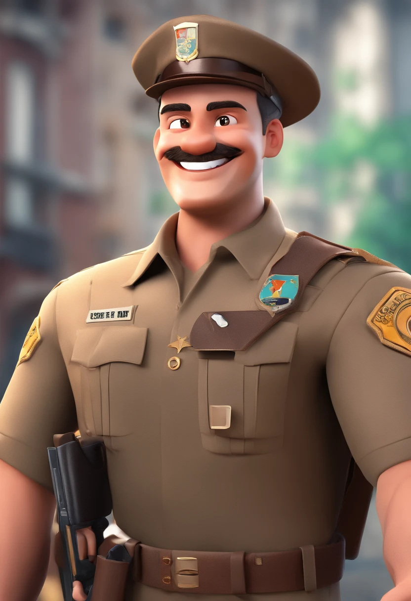 Smiling Man Illustration, sorriso insano, Homem de pele marrom com um sorriso gigante, vedido with brown brown uniform with coat of arms on the chest of the military police of Paraná happily smiling at the camera, sorriso atrevido, he's smiling, sorriso muito grande, Macho sorridente, foto de perfil headshot, rindo sorriso enorme, desenhando no estilo de Arte 3D, c4d, fundo de cor branco puro, estilo disney, estilo pixar render ilustracao Super Detalhe, 8k