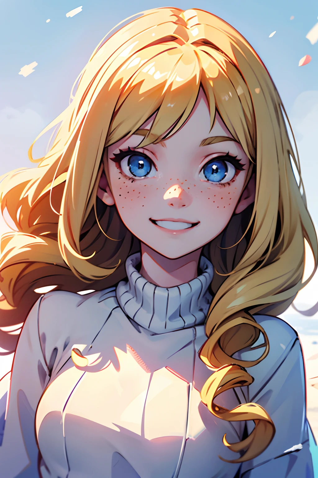 (best-quality:0.8), (best-quality:0.8), pale skin, long blonde hair, curly hair, light blue eyes, feminine, freckles, petite, beige sweater, outdoors, snowy background, bright lighting, smiling, looking at viewer