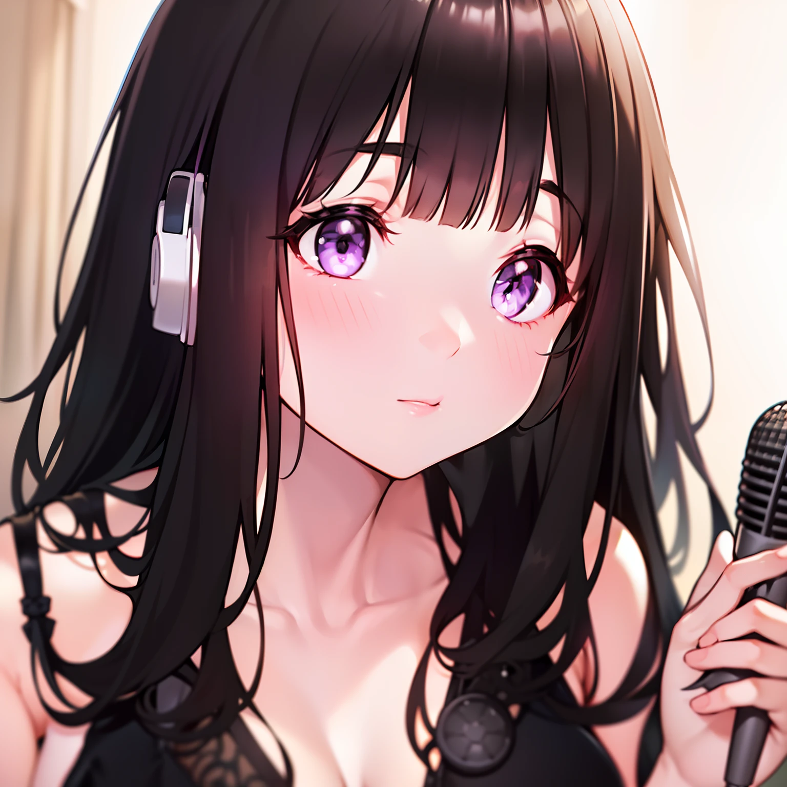 (A superb exquisite Chitanda Eru), purple eyes, long black hair, natural straight hair, straight bangs, solo, (Small_breasts: large_breasts: 0.5), (In the studio, with headphones on, hold the recording microphone), extremely delicate, straight facial features, peerless beautiful girl, dreamy quality, exaggerated facial features, solid color, delicate face, bright lips, slender waist, soft curves, real light and shadow, super fine, 8K HD, natural moving, (masterpiece:1.4), (finely detailed beautiful eyes: 1.2), (beautiful detailed adult face)