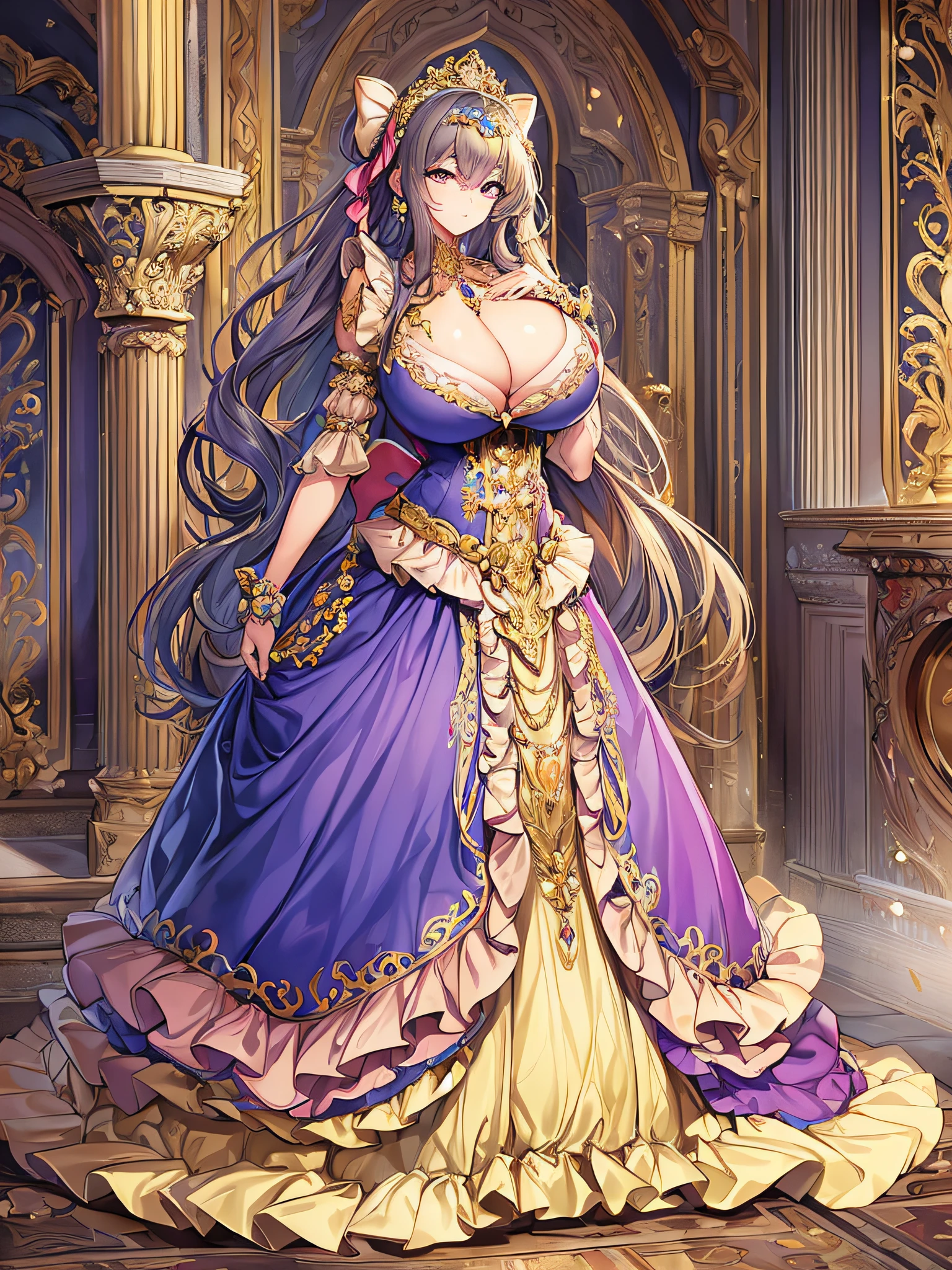 best quality, masterpiece, best definition, artwork, super detailed, many details, details, detailed,woman,(one noble princess), full body, full body,detailed face and eyes,jewel-like eyes,((very gigantic boobs)),cleavage,Skindentation,(((absurdly long Hair))),Straight Hair,super detailed gorgeous ballgown with voluminous full length hoop skirt,gorgeous rococo ballgown with big bows,gorgeous rococo ballgown with big bows,gorgeous rococo ballgown with beautiful embroidery and jeweled,ruffles,bling-bling extremely gorgeousfull jeweled tiara,whole body,