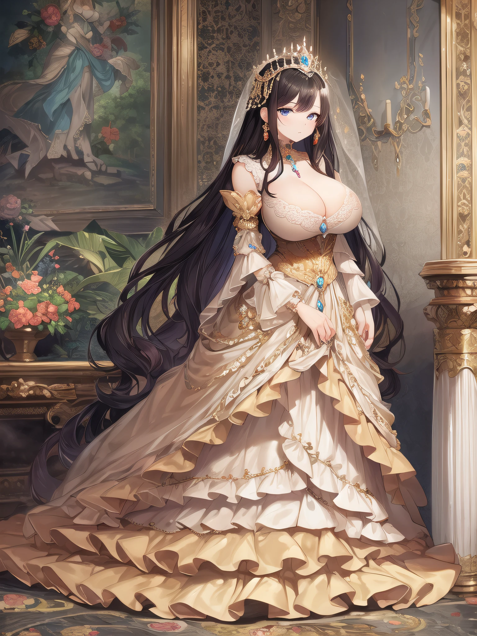 best quality, masterpiece, best definition, artwork, super detailed, many details, details, detailed,woman,(one noble princess), full body, full body,detailed face and eyes,jewel-like eyes,((very gigantic boobs)),cleavage,Skindentation,(((absurdly long Hair))),Straight Hair,super detailed gorgeous ballgown with voluminous full length hoop skirt,gorgeous rococo ballgown with big bows,gorgeous rococo ballgown with big bows,gorgeous rococo ballgown with beautiful embroidery and jeweled,ruffles,bling-bling extremely gorgeousfull jeweled tiara,whole body,