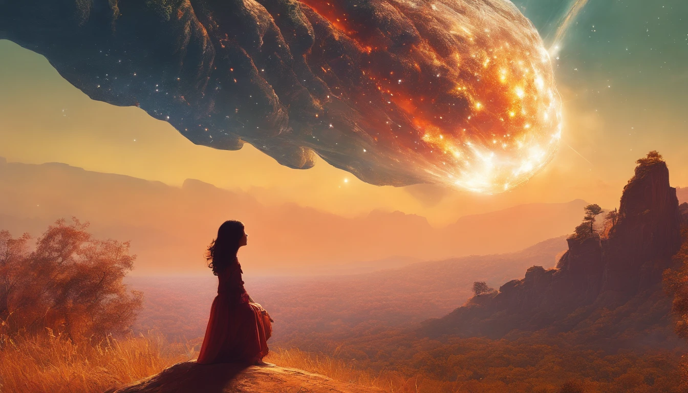 the girl watches as a giant meteorite falls to Earth