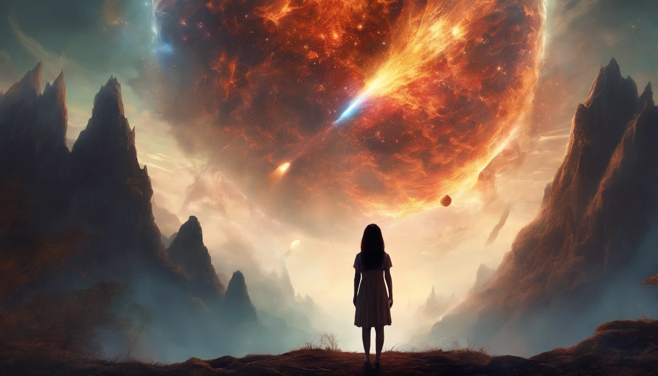 the girl watches as a giant meteorite falls to Earth