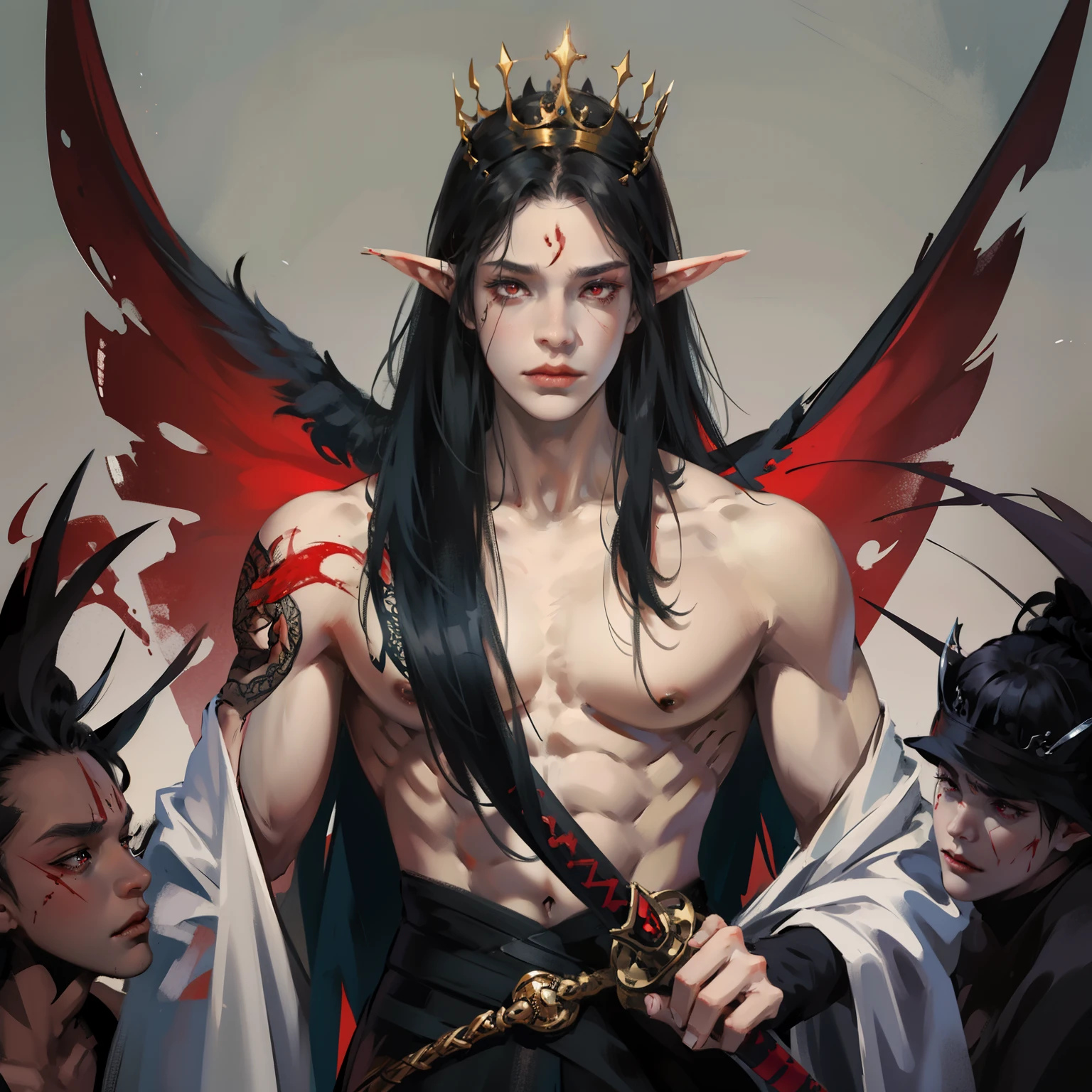 Male focus, elf, war, battlefield, torn clothes, sword, long black hair, red eyes, blood on white robe, serious and melancholic face, muscles in sight, cicatriszes in sight, tattoo in sight, standing, low-cut garments, pose of superiority, detailed body, detailed face, royalty, crown, surrounded by monsters, prince, goth, gothic style, dark, bloody