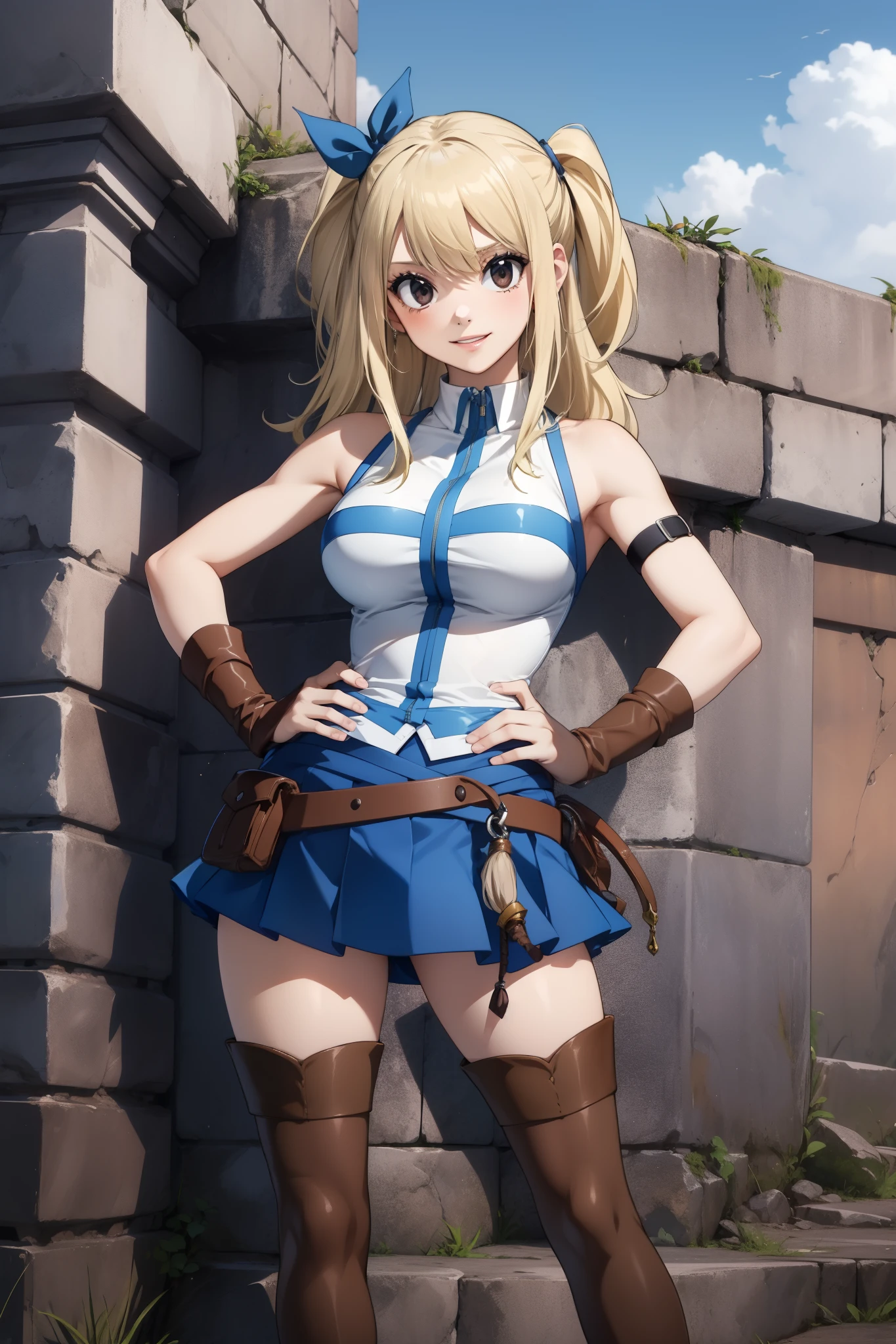 (巨作, Best Quality:1.2), 独奏, 1girl, Lucy Hartfilia, smile, Looking ta viewer, hands on hips, Sleeveless Blue, mini skirt, thigh boots