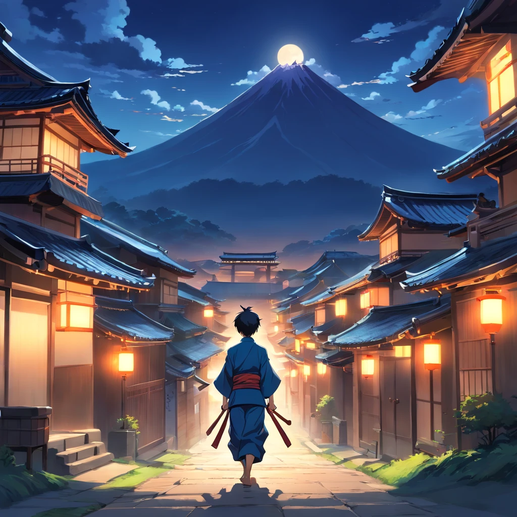 Generate a highly detailed and hyper-realistic 32k resolution AI artwork depicting a brave ninja boy engaged in a fierce battle with a shadowy figure to protect his village in a captivating anime style. The ninja boy should be shown in a dynamic and heroic pose, displaying incredible martial arts skills. His attire should feature intricate details, reflecting his ninja heritage and showcasing the village's emblem. The shadowy figure should exude an aura of mystery and darkness, contrasting with the vibrant, moonlit village backdrop. The setting should be a picturesque, traditional Japanese village under the moonlight, with meticulously designed buildings, gardens, and cherry blossom trees. The lighting should emphasize the tension and drama of the battle, highlighting the characters' expressions and the elements of the scene. Please focus on creating a rich and compelling narrative, with an emphasis on the boy's determination and valor as he defends his village from the shadowy threat.