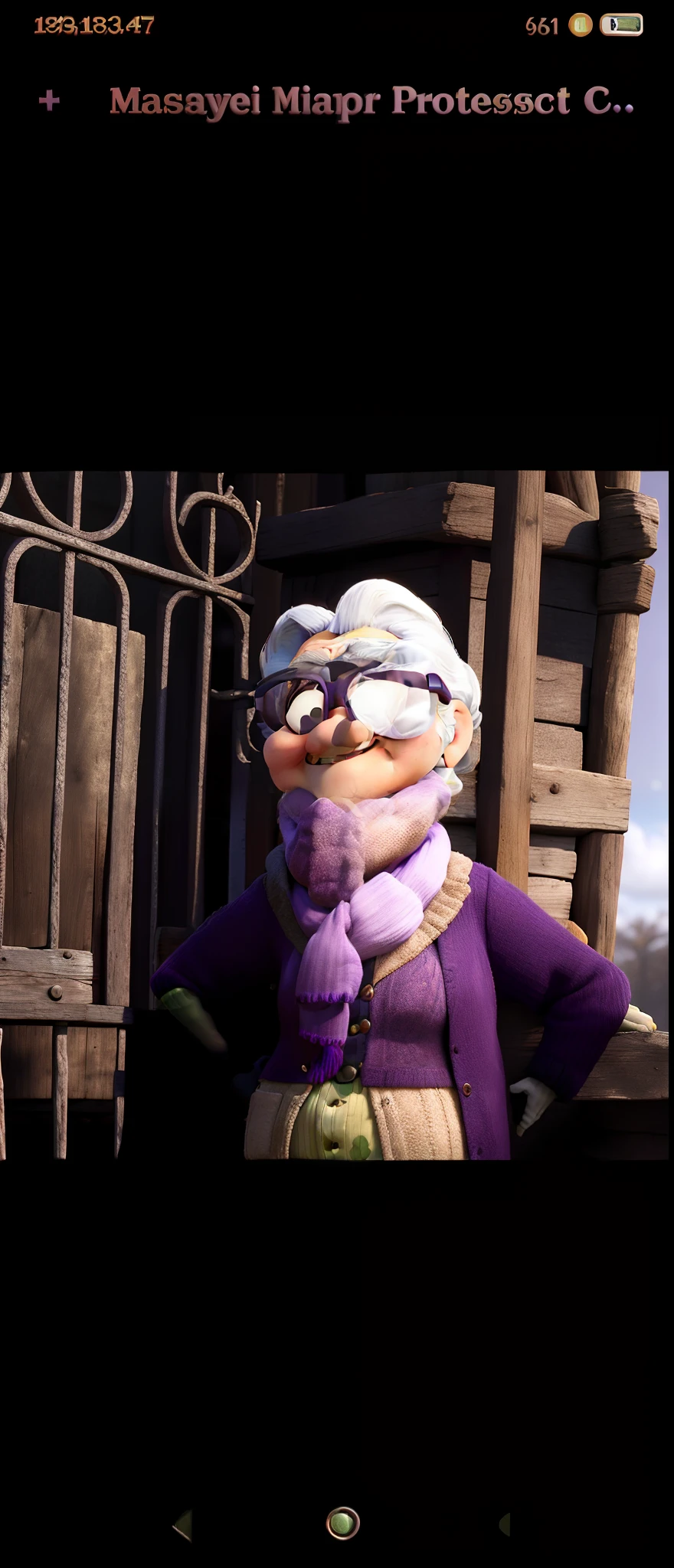 masterpiece, best quality, an old woman with glasses and a scarf on, wearing a purple coat and green scarf, standing at the park
